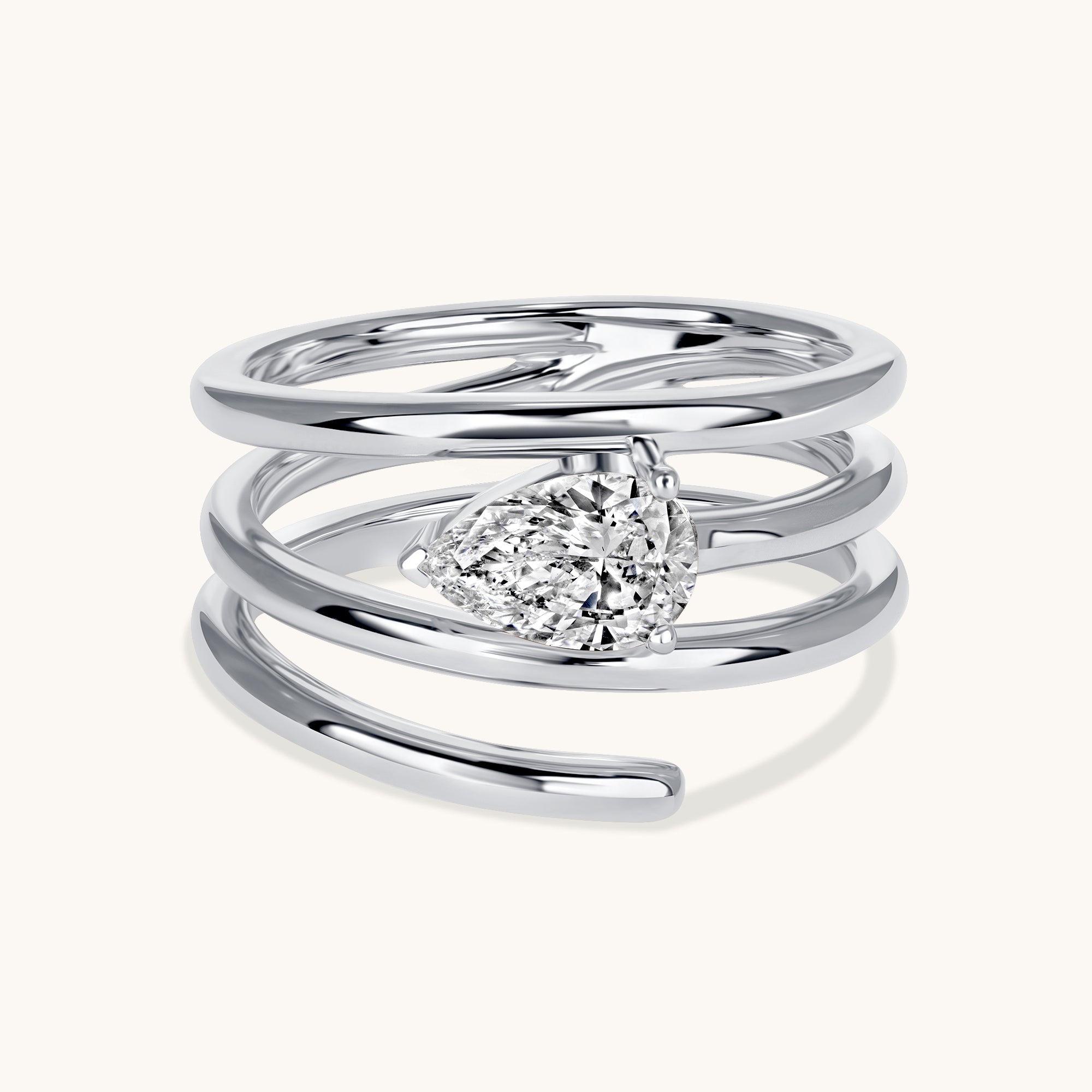White Gold Pear Lab Diamond Spiral Ring