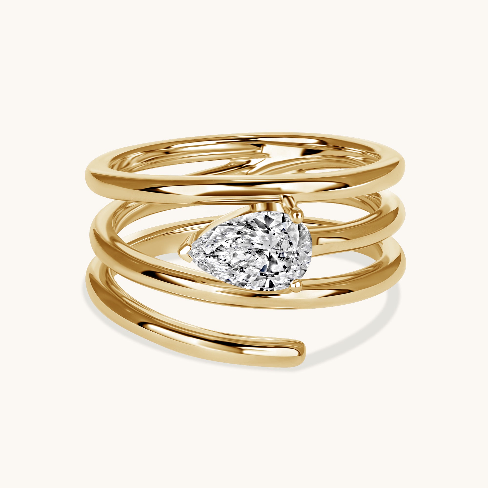 Yellow Gold Pear Lab Diamond Spiral Ring