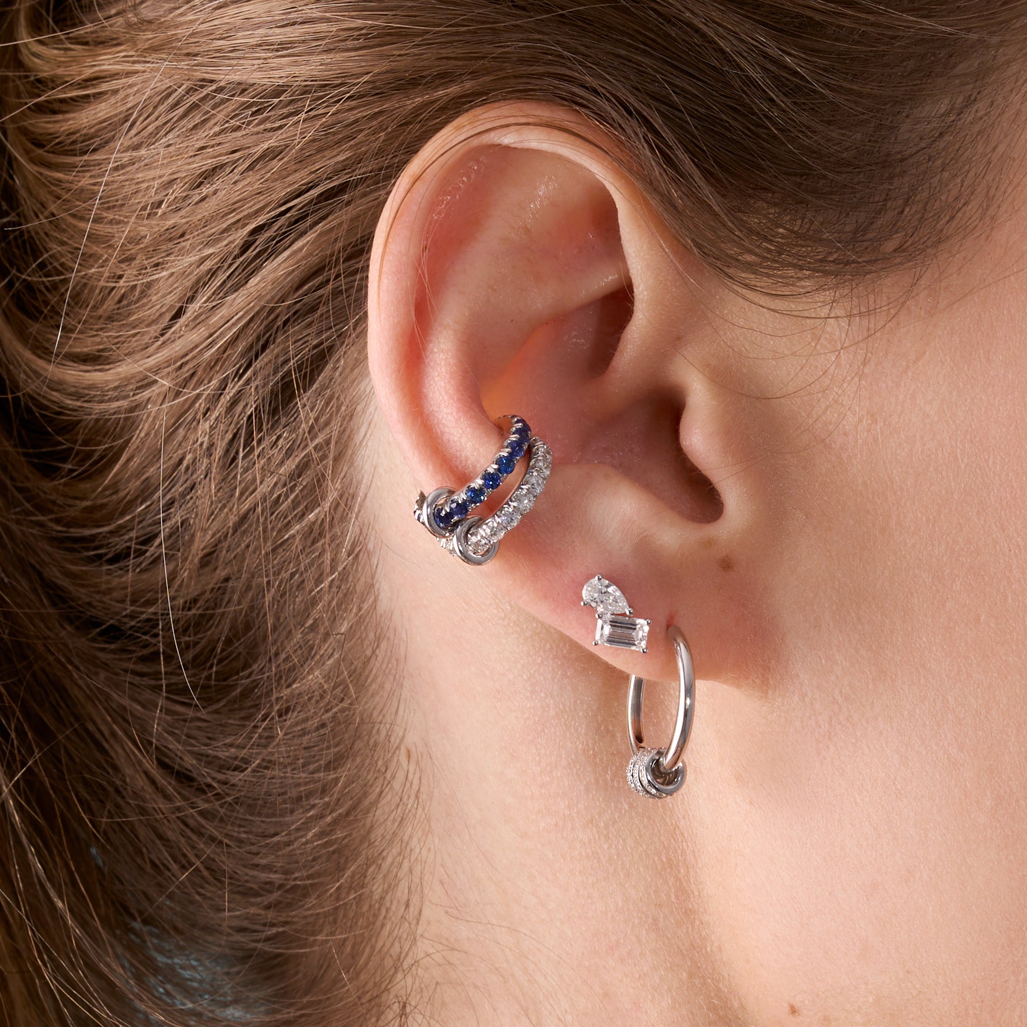 White Gold Pear and Emerald Lab Diamond Toi et Moi Stud Earrings On Figure