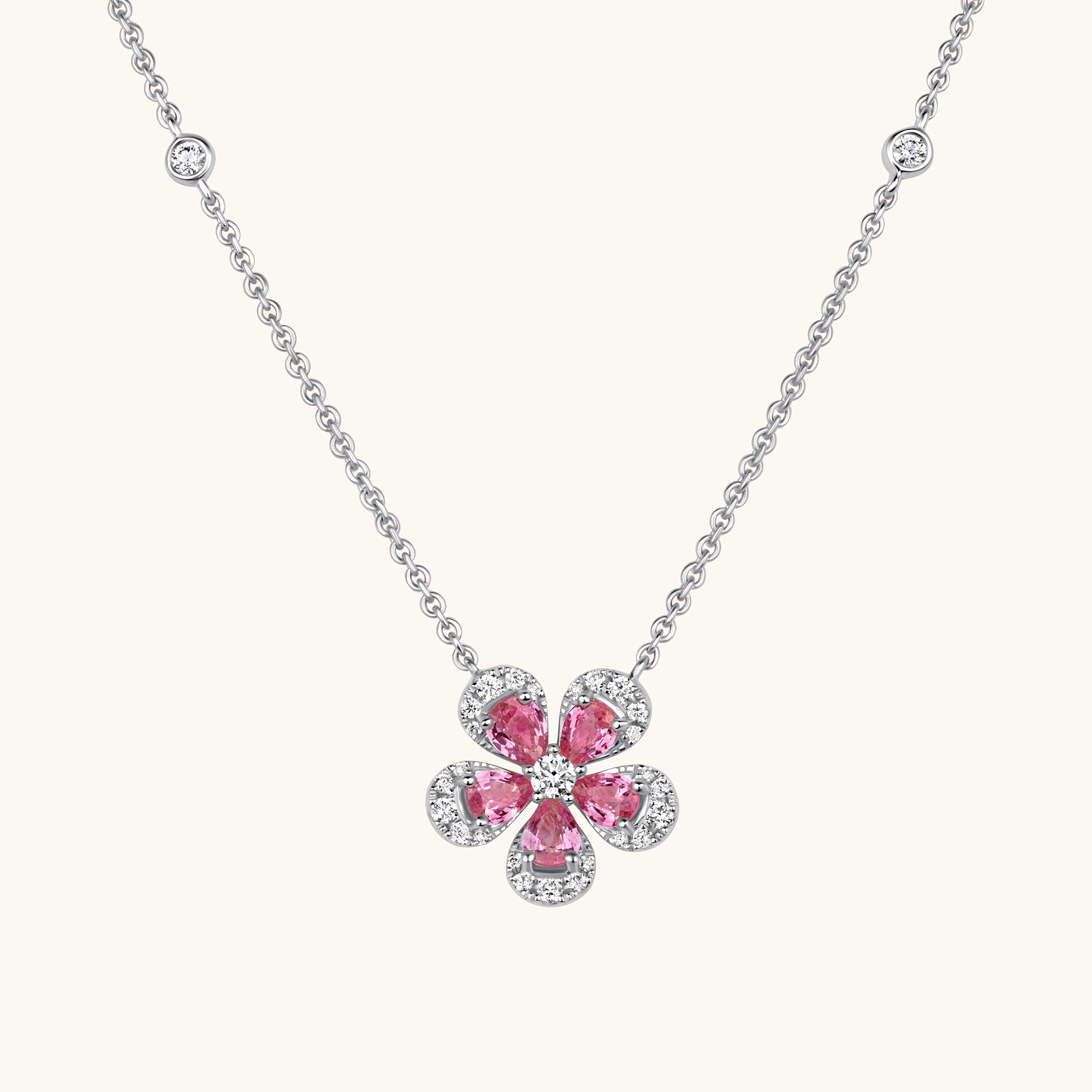 White Gold Pink Sapphire Blooming Flower Necklace