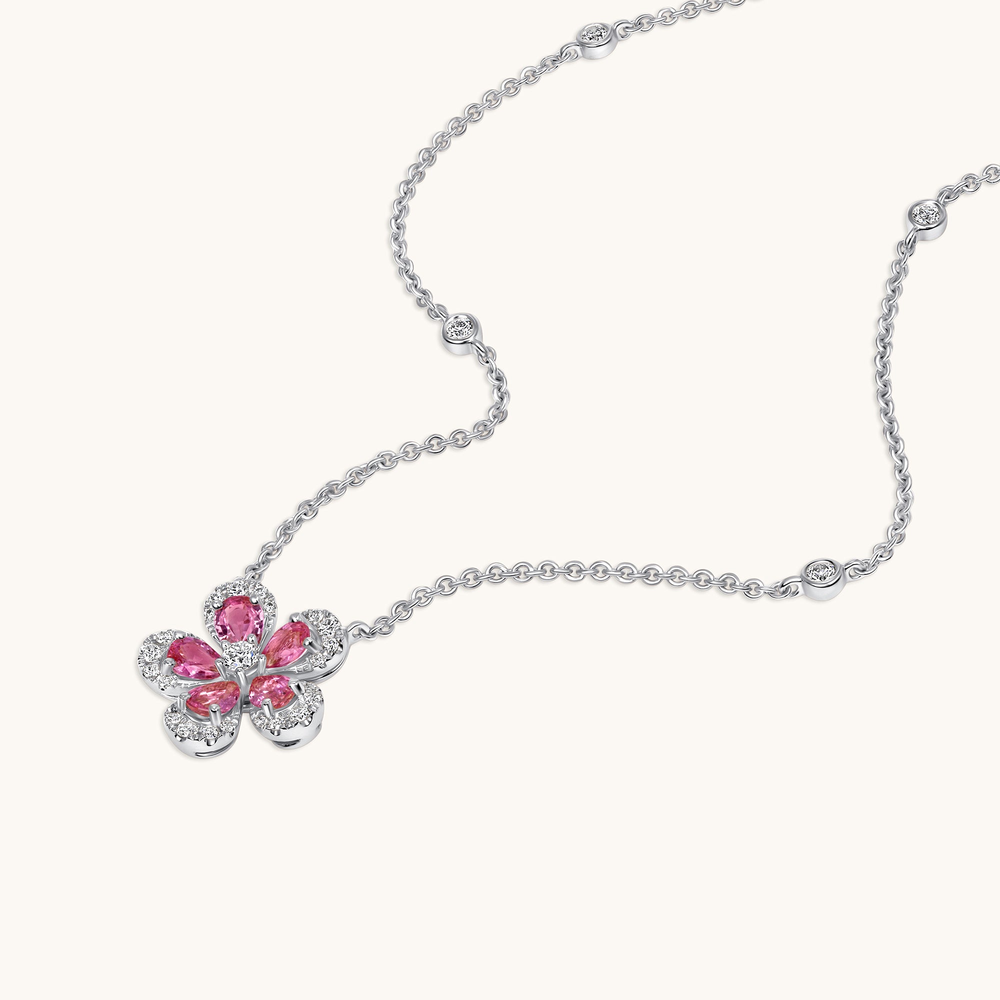 White Gold Pink Sapphire Blooming Flower Necklace