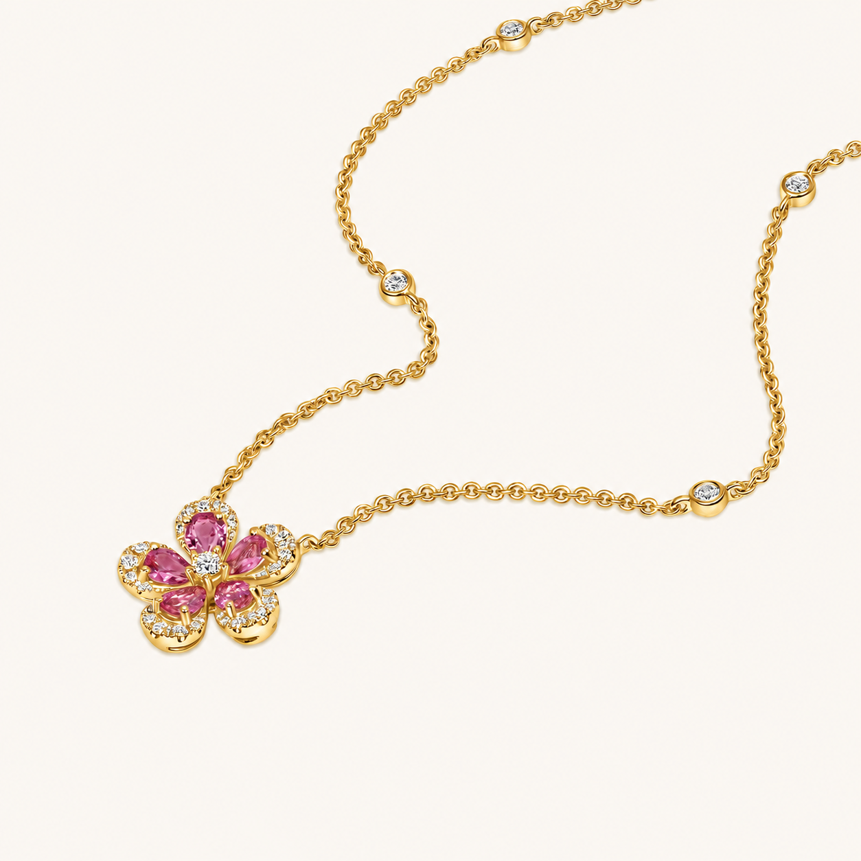 Yellow Gold Pink Sapphire Blooming Flower Necklace