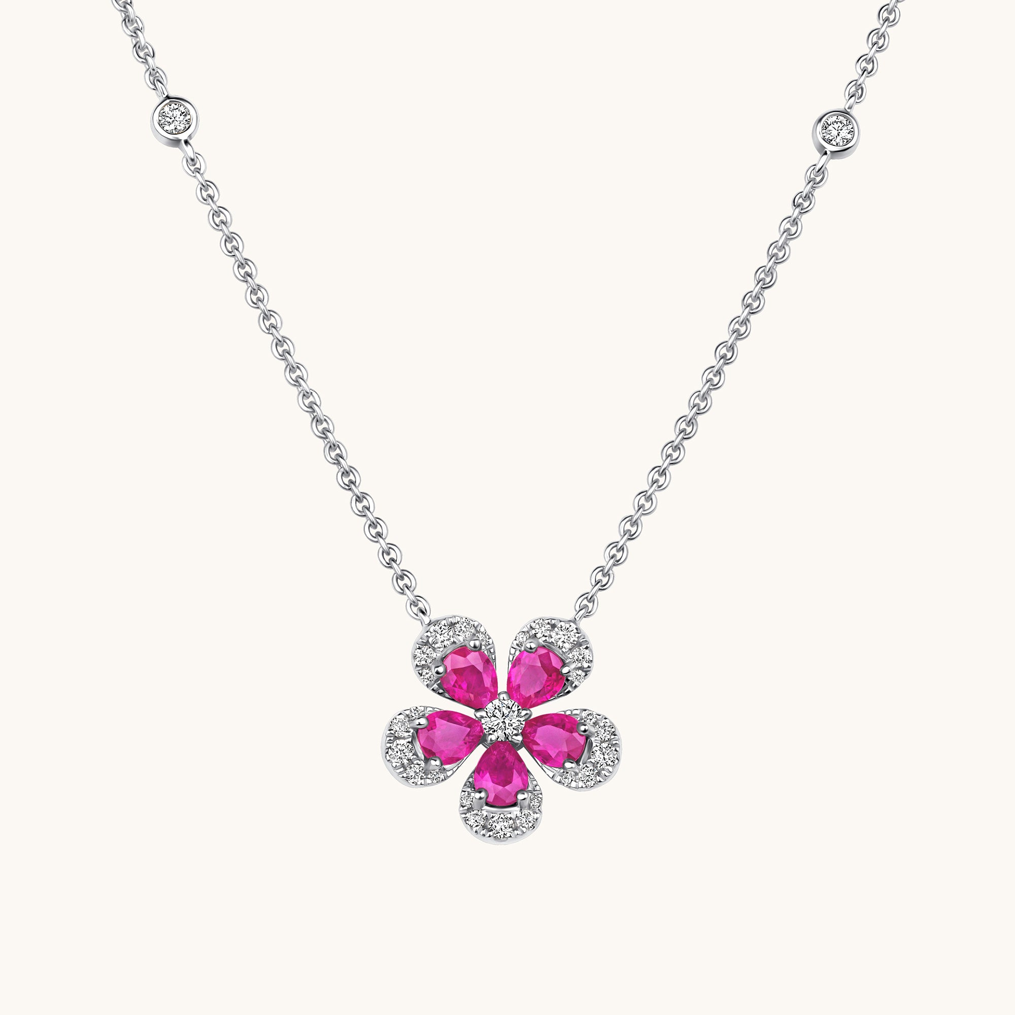 White Gold Ruby Blooming Flower Necklace
