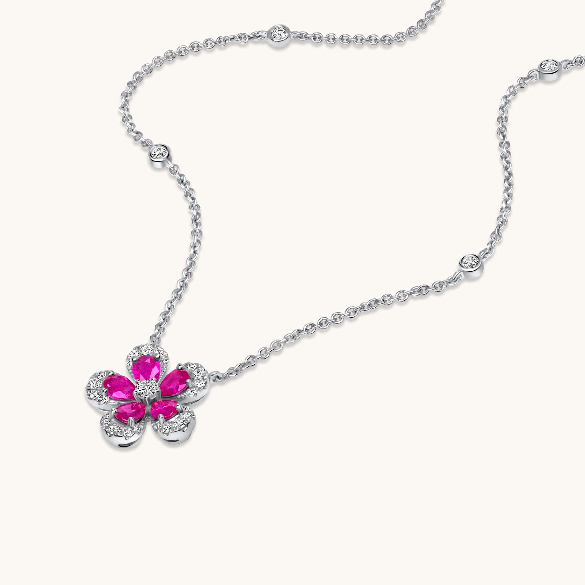 White Gold Ruby Blooming Flower Necklace