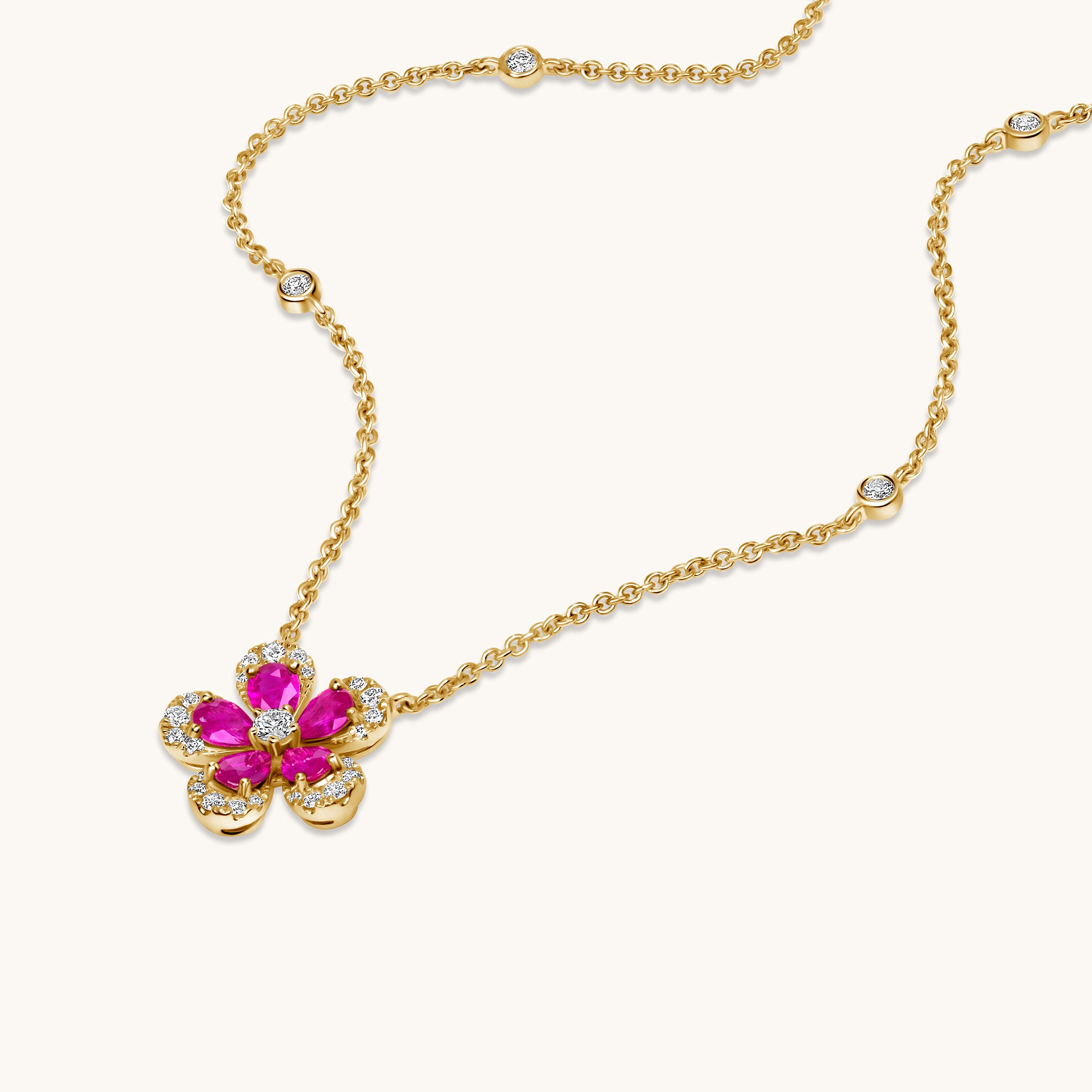 Yellow Gold Ruby Blooming Flower Necklace