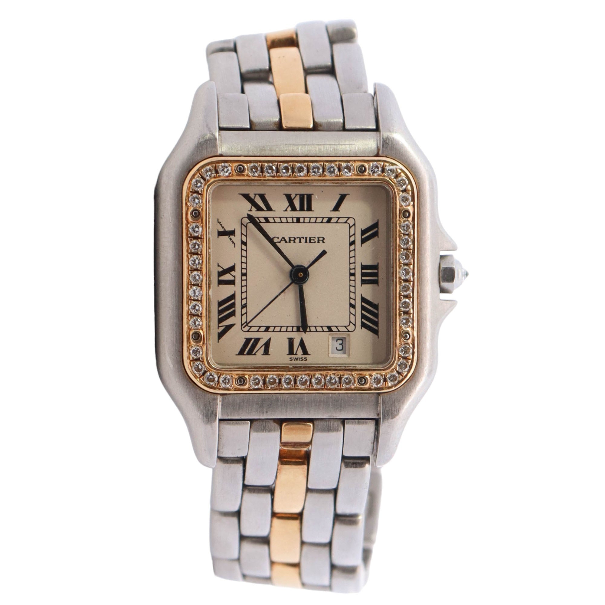 Cartier Santos Two-Tone Stainless Steel & Yellow Gold 27mm White Roman Dial Watch - Happy Jewelers Fine Jewelry Lifetime Warranty