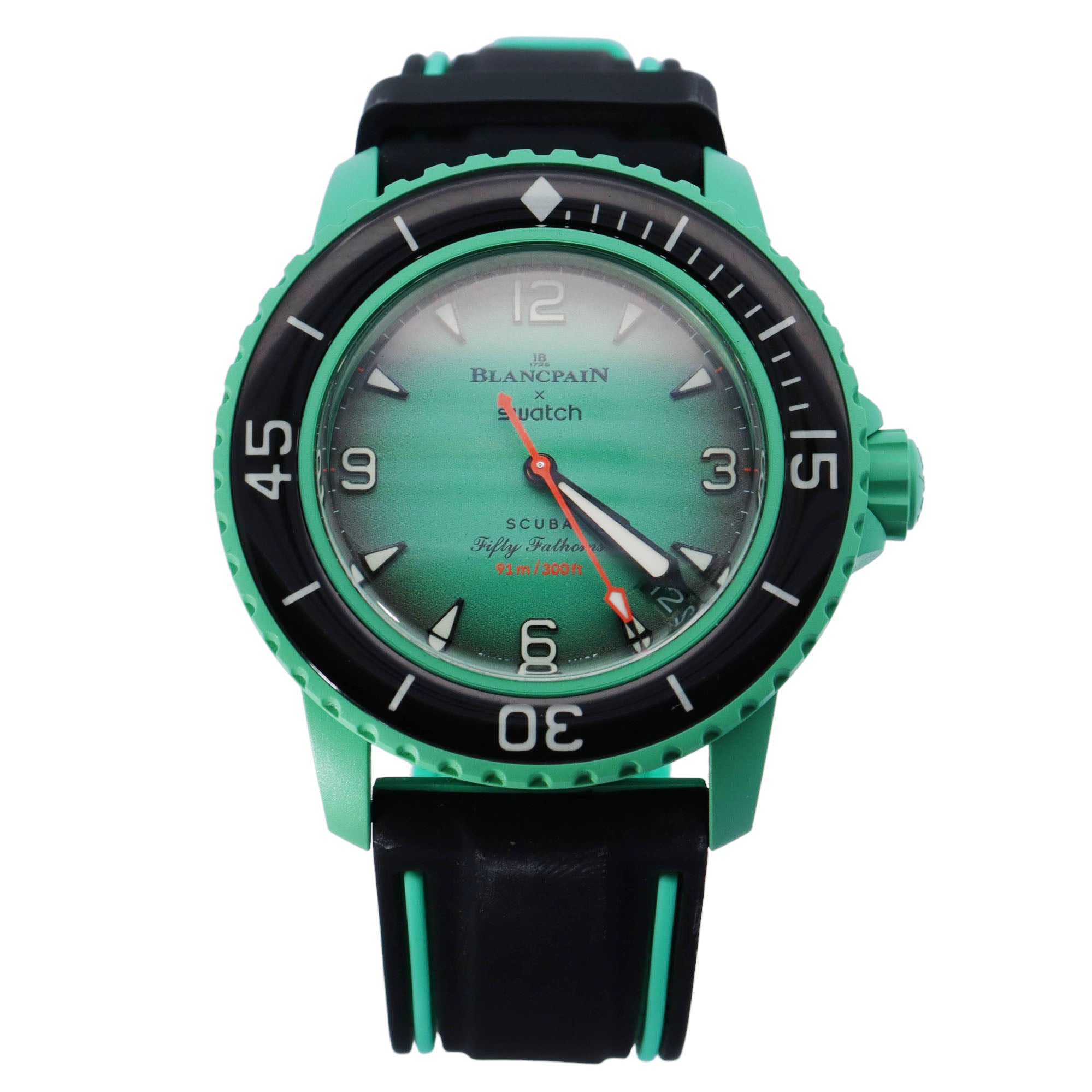 Swatch x Blancpain Green Bioceramic 42mm Green Arabic & Stick Dial Watch Reference #: SO35I100 - Happy Jewelers Fine Jewelry Lifetime Warranty