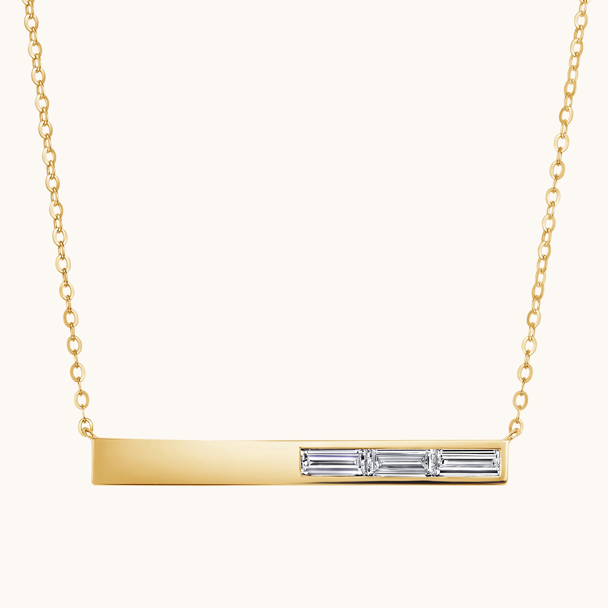 Yellow Gold Three Stone Baguette Diamond Bar Necklace