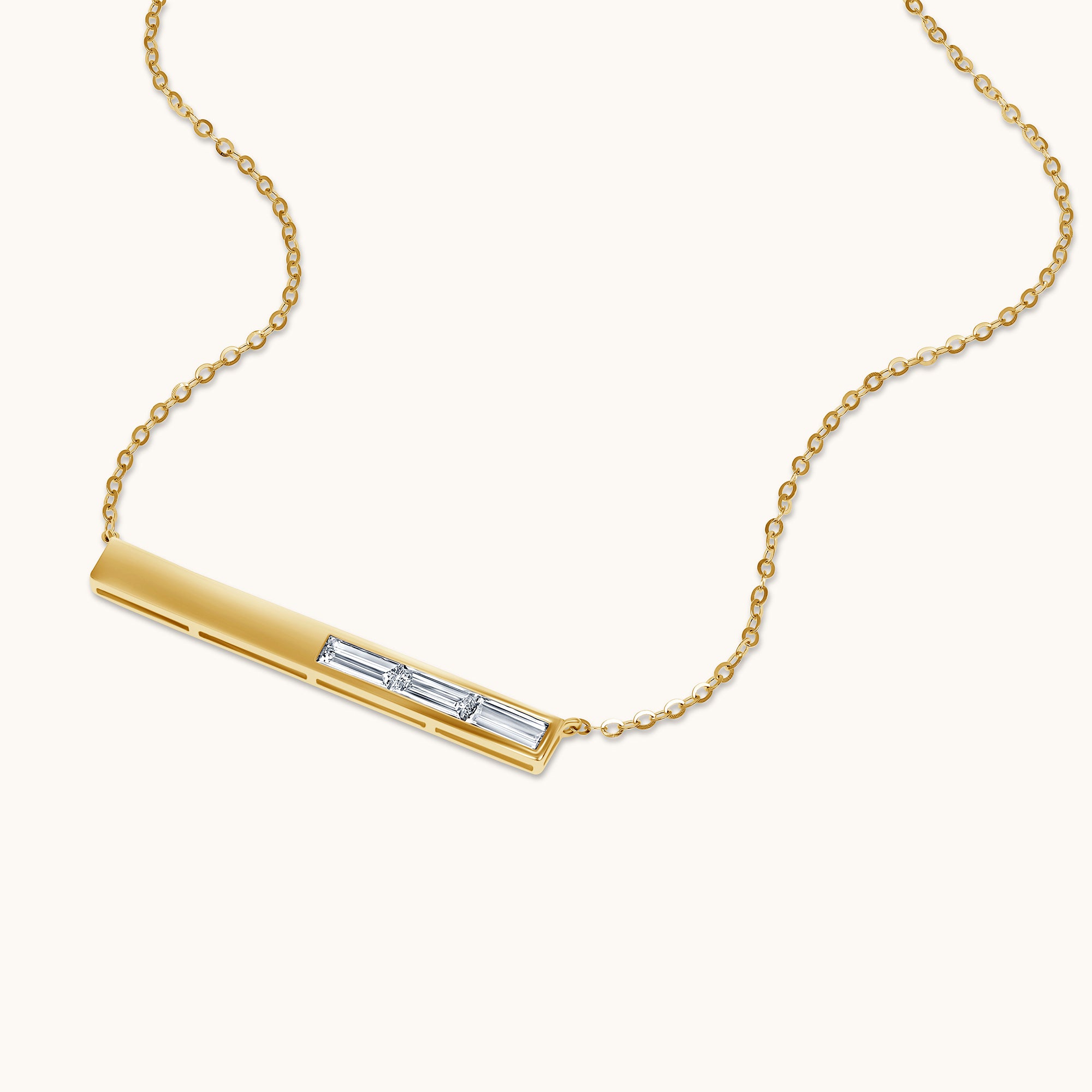 Yellow Gold Three Stone Baguette Diamond Bar Necklace