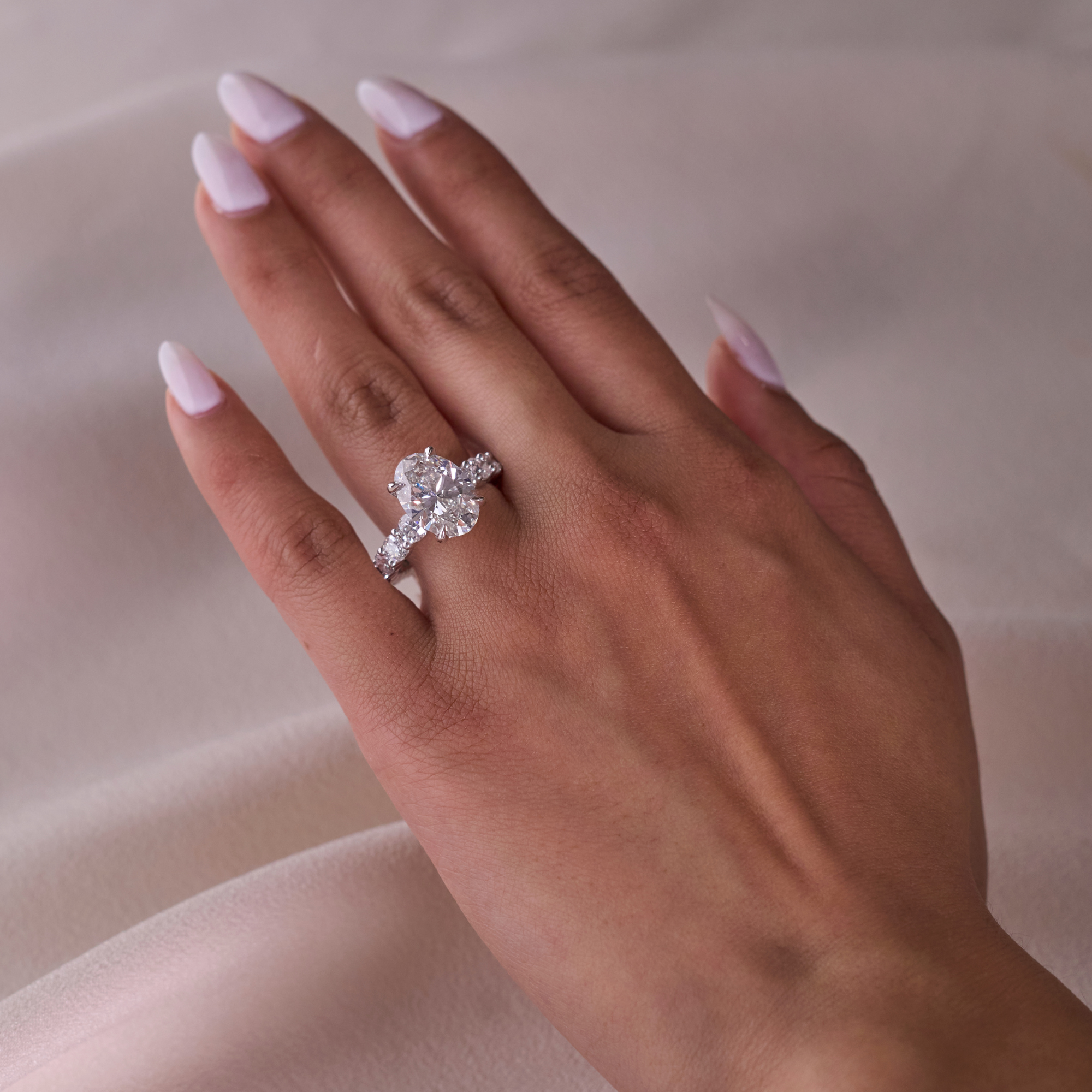 4.03 Oval Lab Diamond Engagement Ring with Hidden Halo and Graduated Diamond Band - Happy Jewelers Fine Jewelry Lifetime Warranty