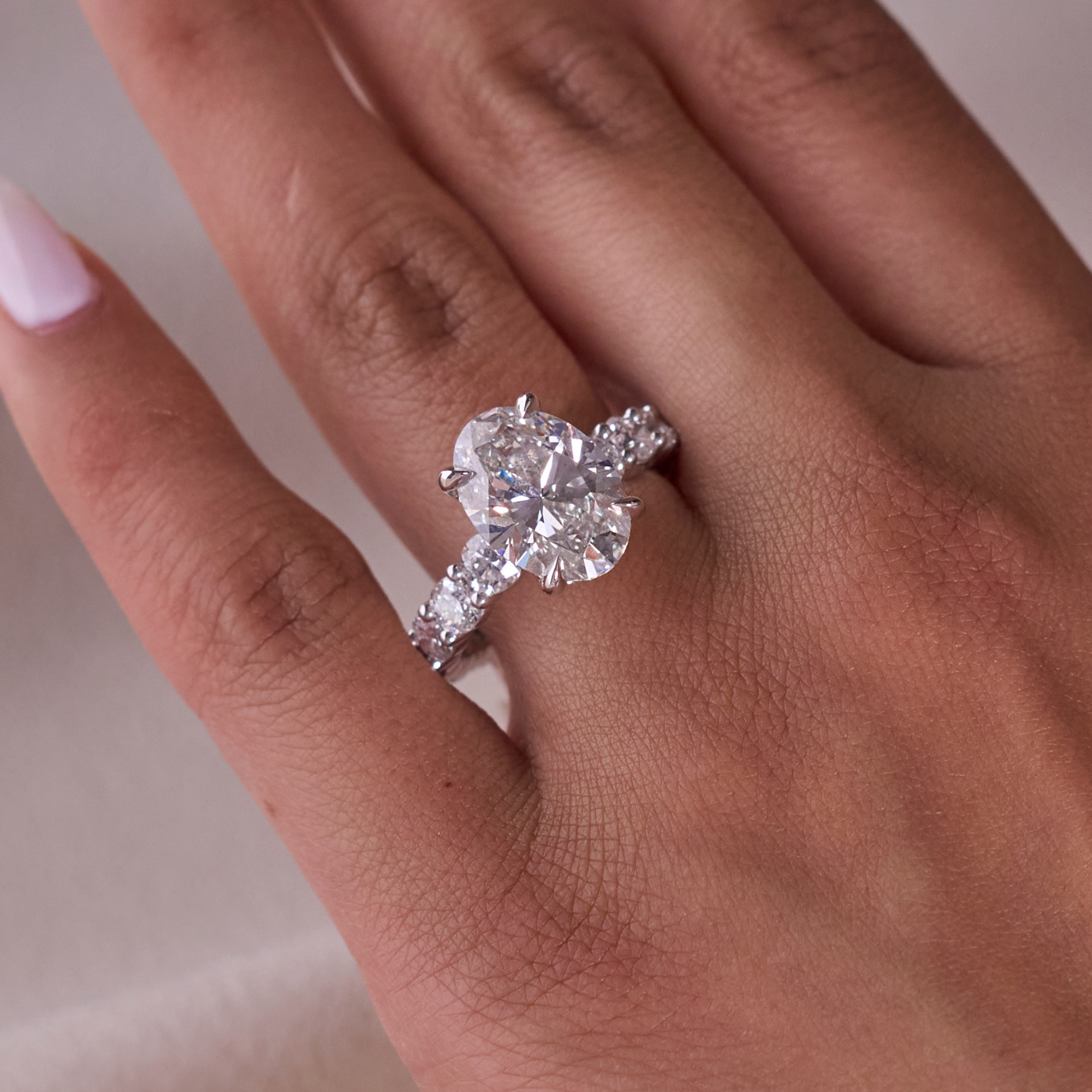 4.03 Oval Lab Diamond Engagement Ring with Hidden Halo and Graduated Diamond Band - Happy Jewelers Fine Jewelry Lifetime Warranty