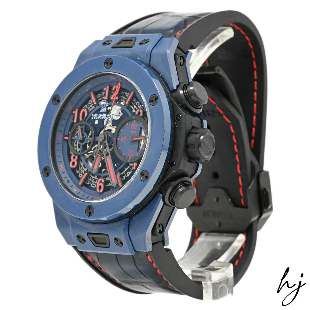 Hublot Men's Big Bang Unico Blue Ceramic 45mm Blue Skeleton Dial Watch Reference #: 411.EX.5113.LR.SPO18 - Happy Jewelers Fine Jewelry Lifetime Warranty