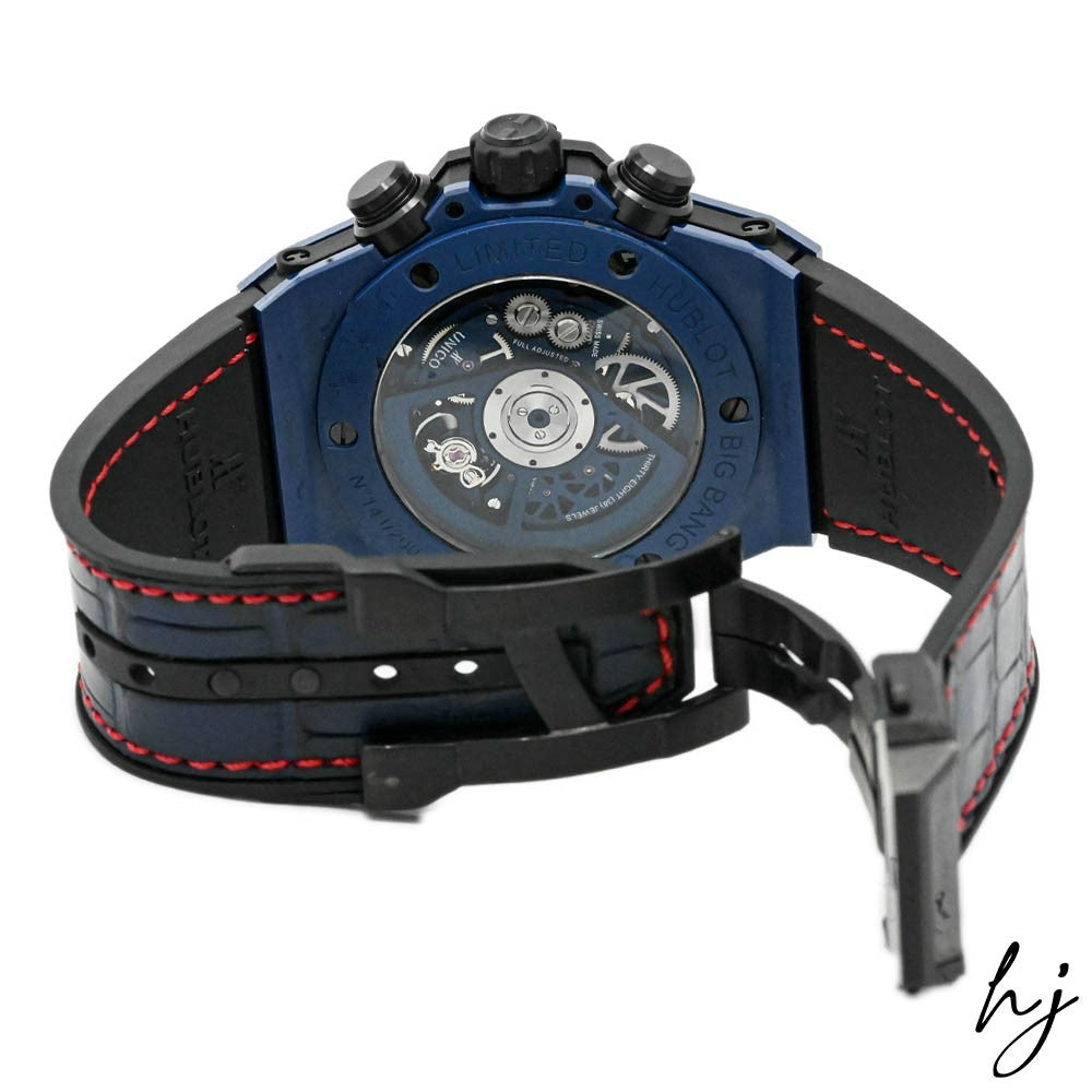Hublot Men's Big Bang Unico Blue Ceramic 45mm Blue Skeleton Dial Watch Reference #: 411.EX.5113.LR.SPO18 - Happy Jewelers Fine Jewelry Lifetime Warranty