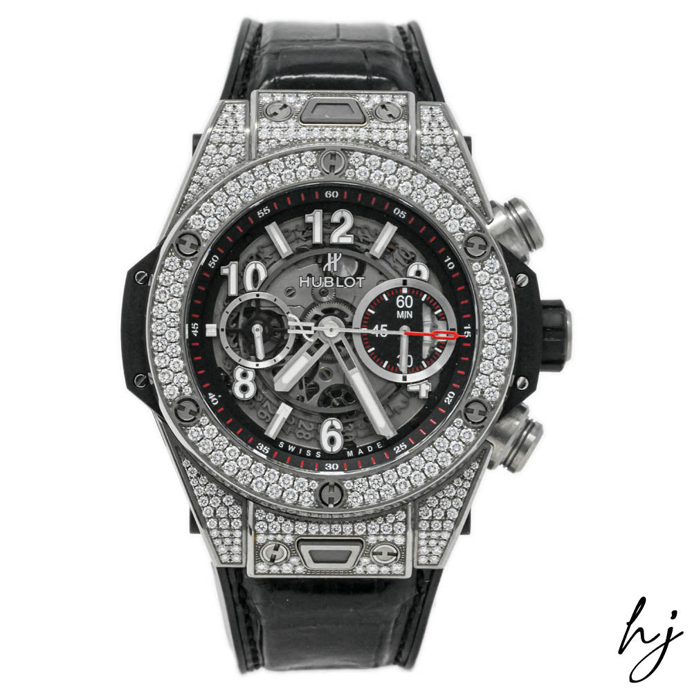 Hublot Men's Iced Out Big Bang Unico Titanium 45mm Skeleton Arabic Dial Watch Reference #: 411.NX.1170.RX.1704 - Happy Jewelers Fine Jewelry Lifetime Warranty