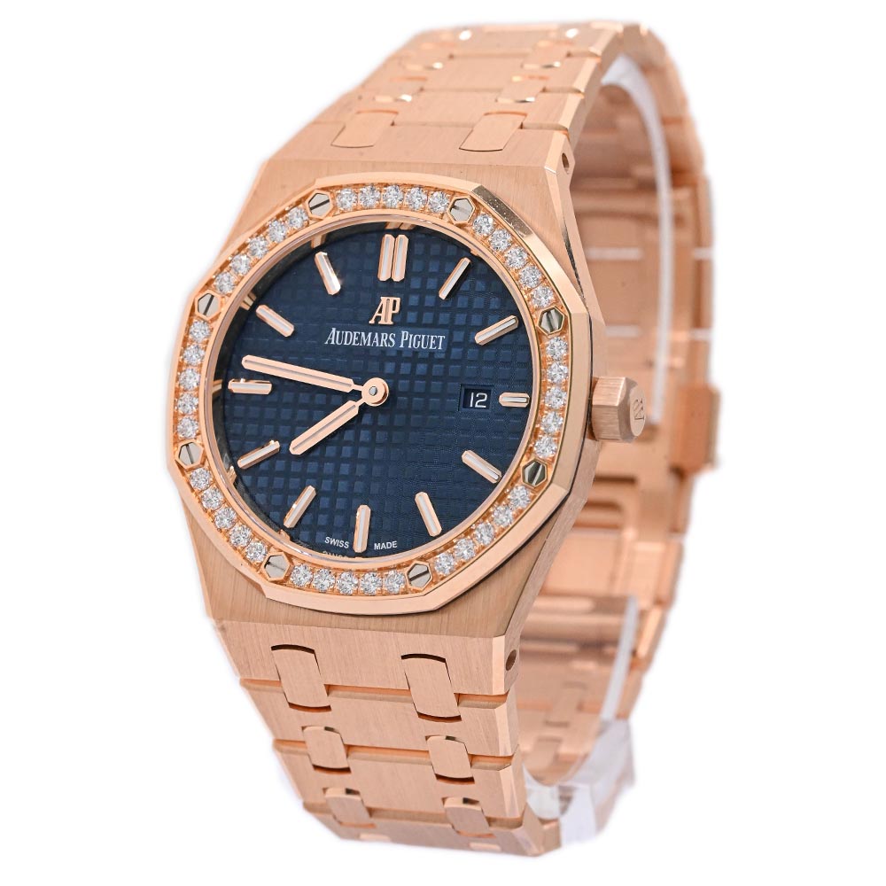 Audemars Piguet Ladies Royal Oak Quartz 18K Pink Gold 33mm Blue "Grande Tapisserie" Dial Watch Ref# 67651OR.ZZ.1261OR.02 - Happy Jewelers Fine Jewelry Lifetime Warranty