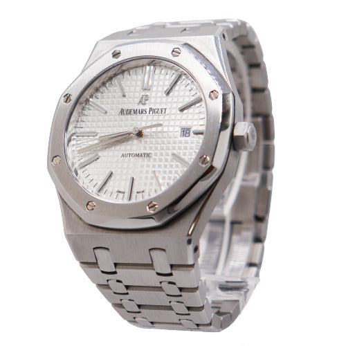 Audemars Piguet Men's Royal Oak Stainless Steel 41mm Silver "Grande Tapisserie" Dial Watch Reference #:15400ST.OO.1220ST.02 - Happy Jewelers Fine Jewelry Lifetime Warranty