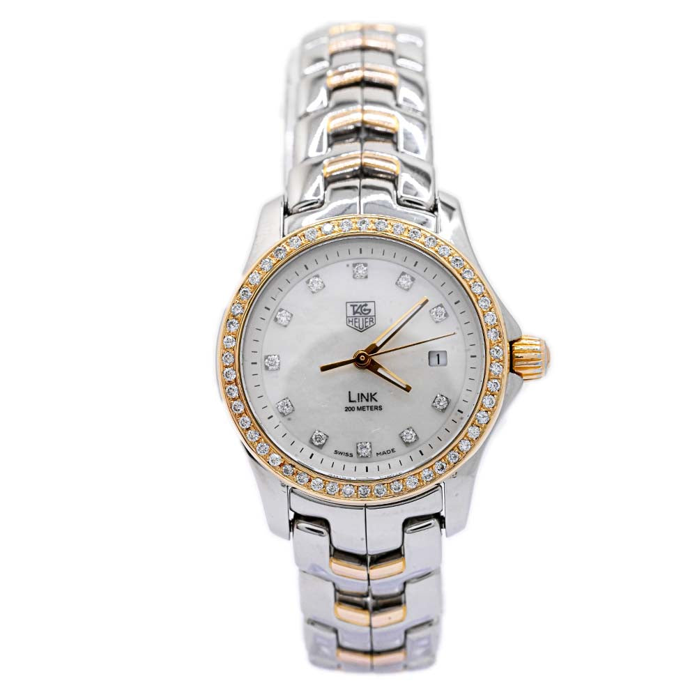 Tag Heuer Ladies Link Two Tone Yellow Gold and Stainless Steel 27mm White MOP Diamond Dial Reference #:  WJF1354.BB0581 - Happy Jewelers Fine Jewelry Lifetime Warranty
