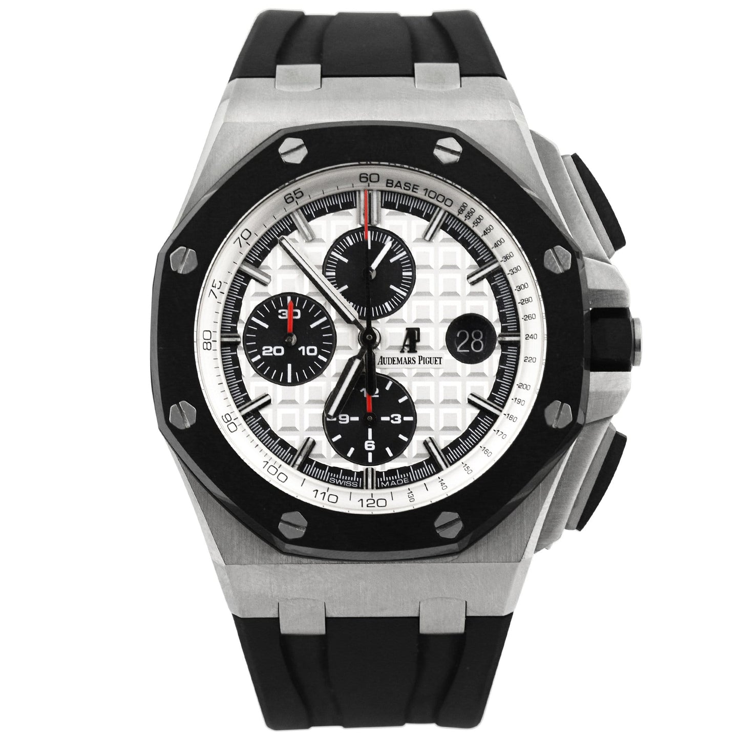 Audemars Piguet Mens Royal Oak Offshore Stainless Steel 44mm White Tapisserie Stick Dial Watch Reference #: 26400SO.OO.A002CA.01 - Happy Jewelers Fine Jewelry Lifetime Warranty
