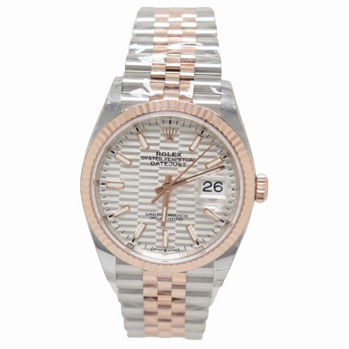 NEW! Rolex Datejust Two Tone Rose Gold and Stainless Steel 36mm Silver Fluted Motif Stick Dial Watch Reference#126231 - Happy Jewelers Fine Jewelry Lifetime Warranty
