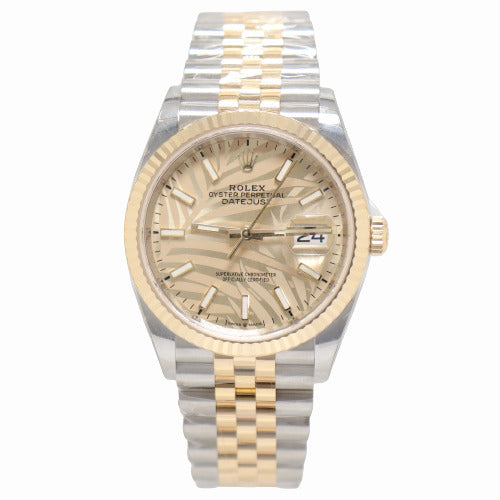 NEW! Rolex Datejust Two Tone Yellow Gold and Stainless Steel 36mm Champagne Palm Motif Stick Dial Watch Reference# 126233 - Happy Jewelers Fine Jewelry Lifetime Warranty