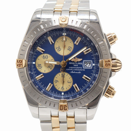 Breitling Men's Chronomat Evolution 18K Yellow Gold & Steel 43mm Blue Stick Dial Watch Reference# B13356 - Happy Jewelers Fine Jewelry Lifetime Warranty