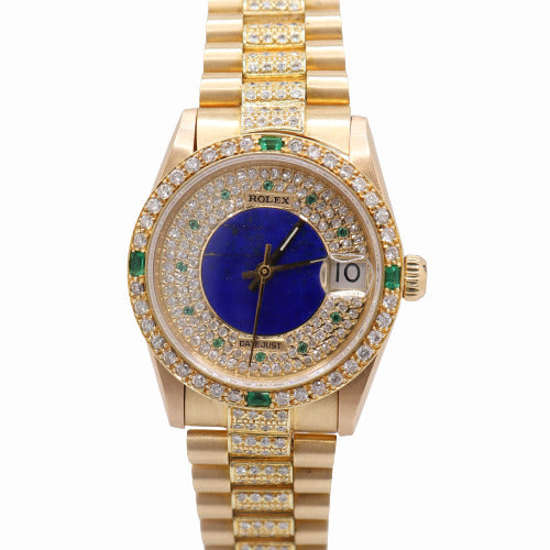 Rolex Ladies Datejust 31mm, 18k Yellow gold, Iced Out, Custom Pave Lapis Dial Reference# 68278 - Happy Jewelers Fine Jewelry Lifetime Warranty