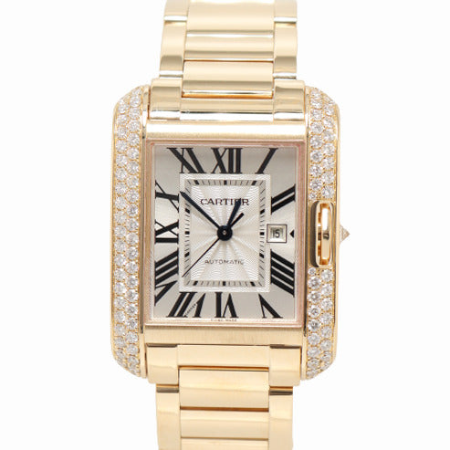 Cartier Mens Tank Anglaise Yellow Gold 39mm Silver Roman Dial Watch Reference# WT100006 - Happy Jewelers Fine Jewelry Lifetime Warranty