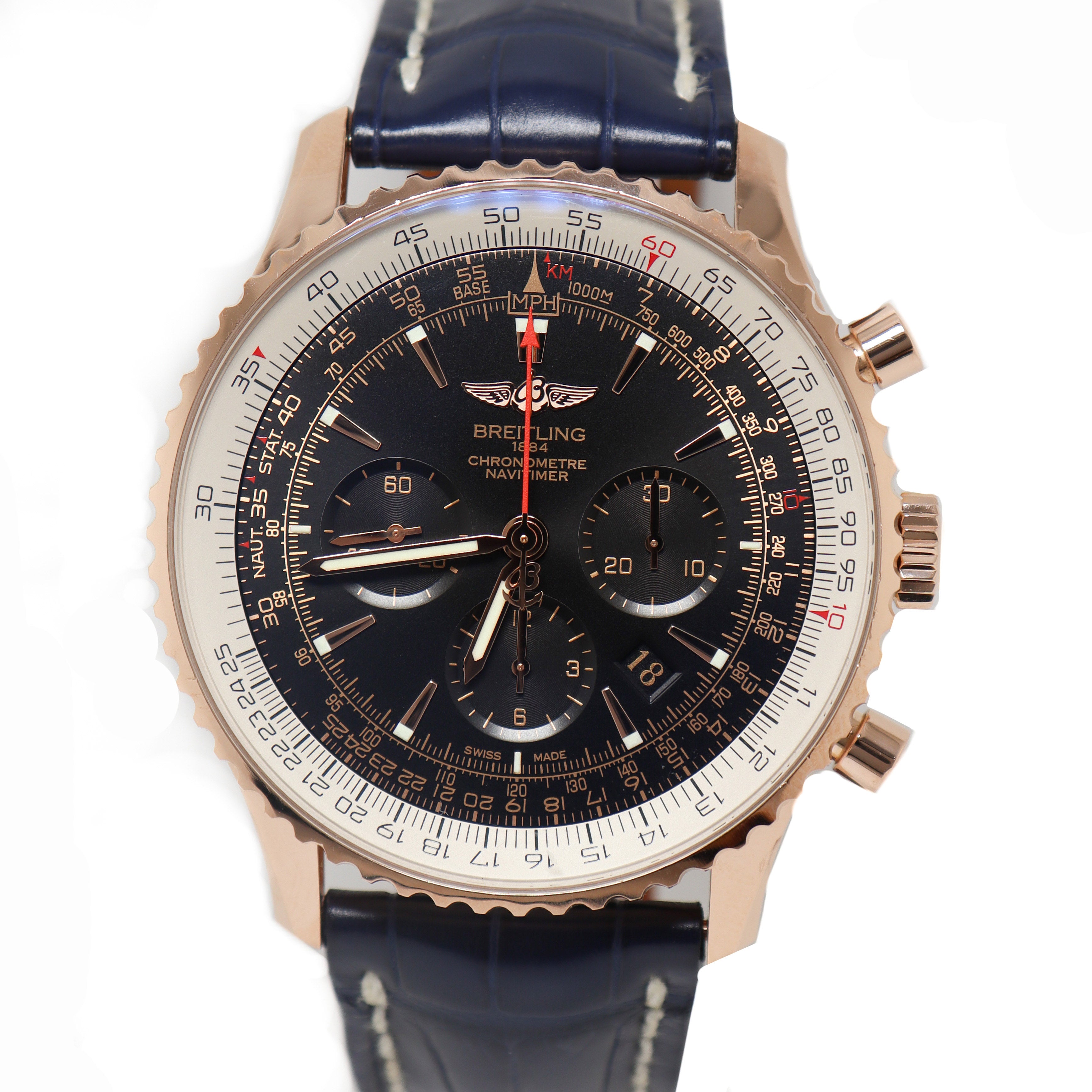 Breitling Mens Navitimer Rose Gold 46mm Black Chronograph Dial Watch Reference# RB0127 - Happy Jewelers Fine Jewelry Lifetime Warranty