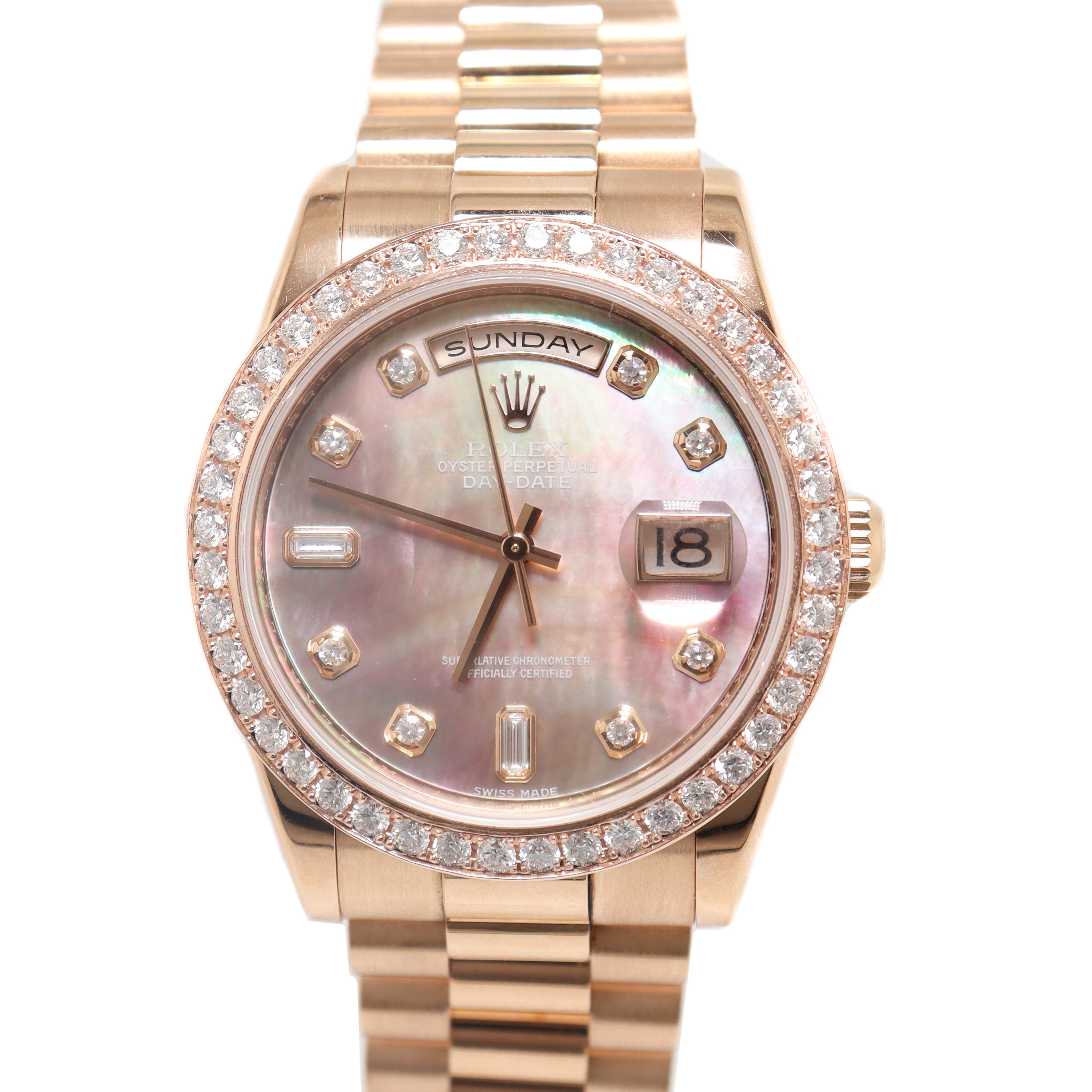 Rolex Day-Date Rose Gold 36mm Black MOP Diamond Dial Watch Reference# 118205 - Happy Jewelers Fine Jewelry Lifetime Warranty