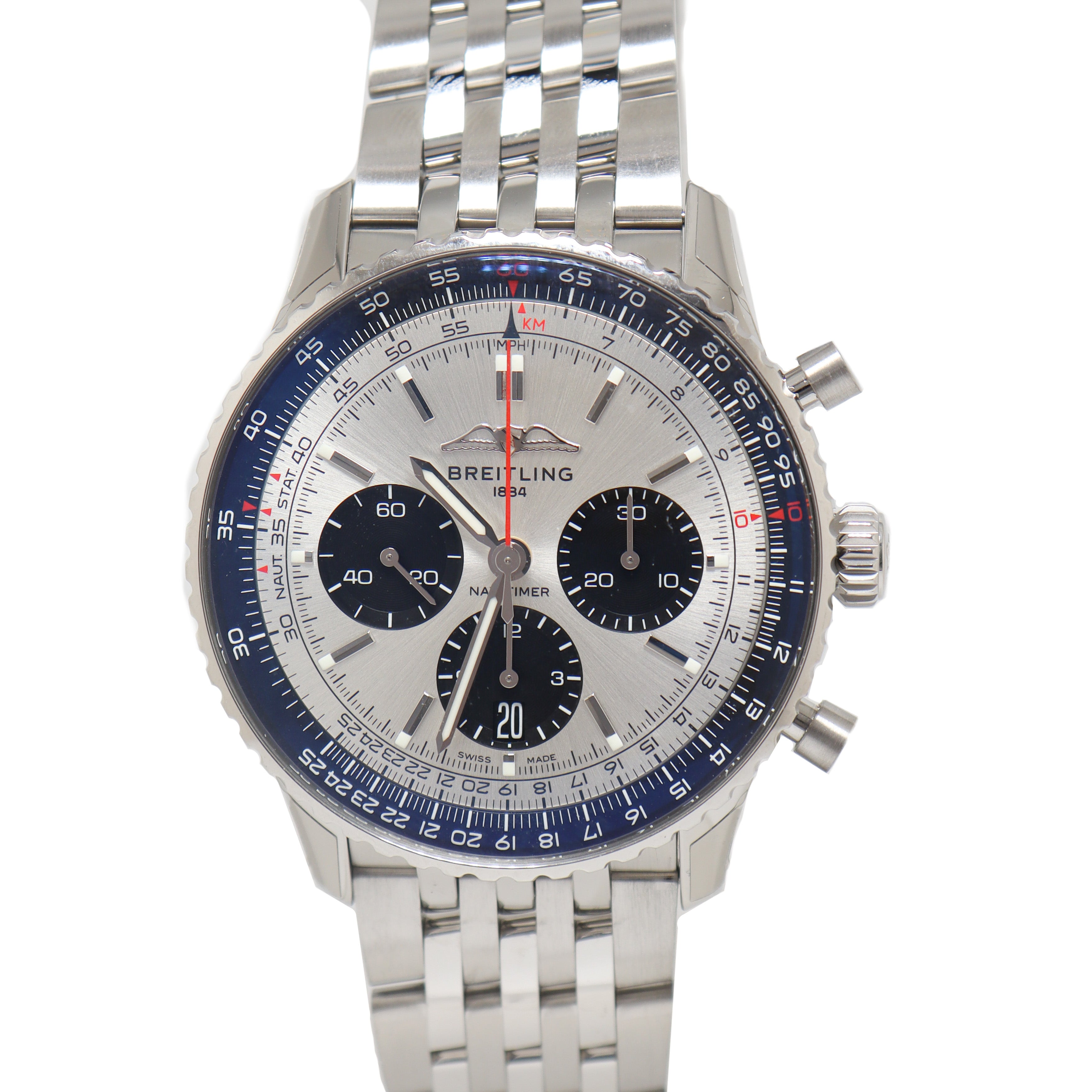 Breitling Navitimer Stainless Steel 43mm Silver Chronograph Dial Watch Reference# AB0138 - Happy Jewelers Fine Jewelry Lifetime Warranty
