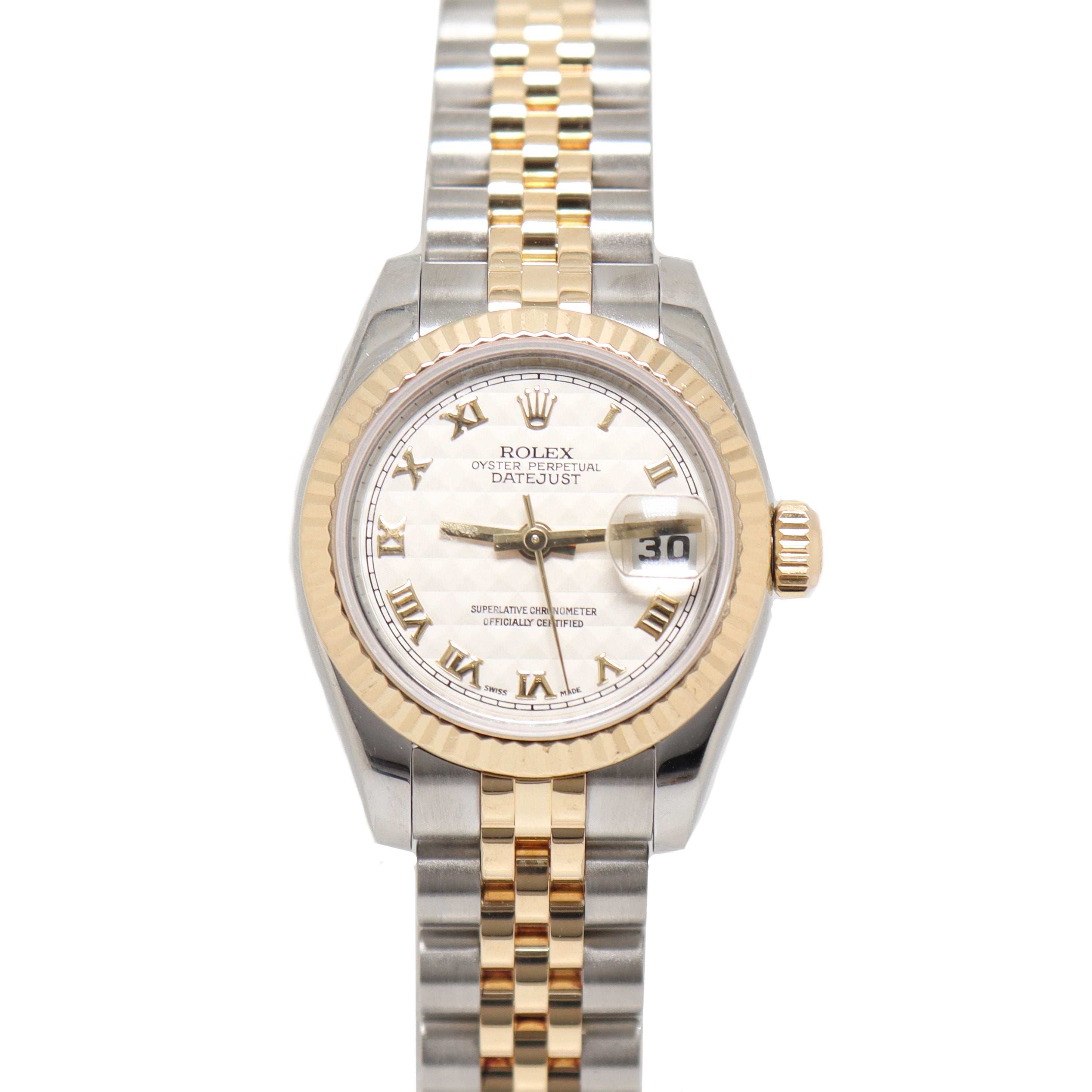 Rolex Ladies Datejust Yellow Gold and Stainless Steel 26mm Ivory Pyramid Roman Dial Reference# 179173 - Happy Jewelers Fine Jewelry Lifetime Warranty