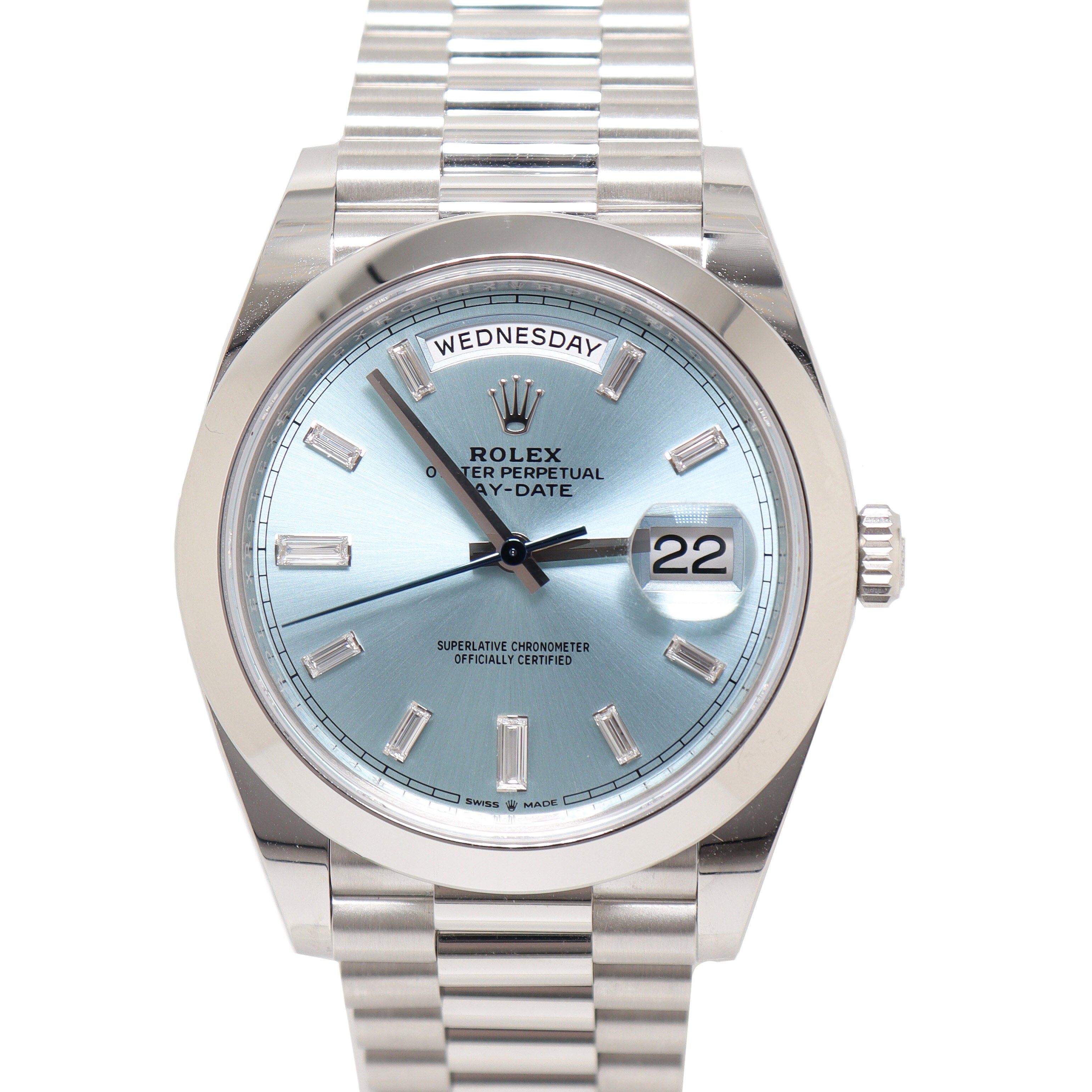 Rolex Men's Day Date Platinum 40mm Ice Blue Baguette Diamond Dial Watch Ref# 228206 - Happy Jewelers Fine Jewelry Lifetime Warranty