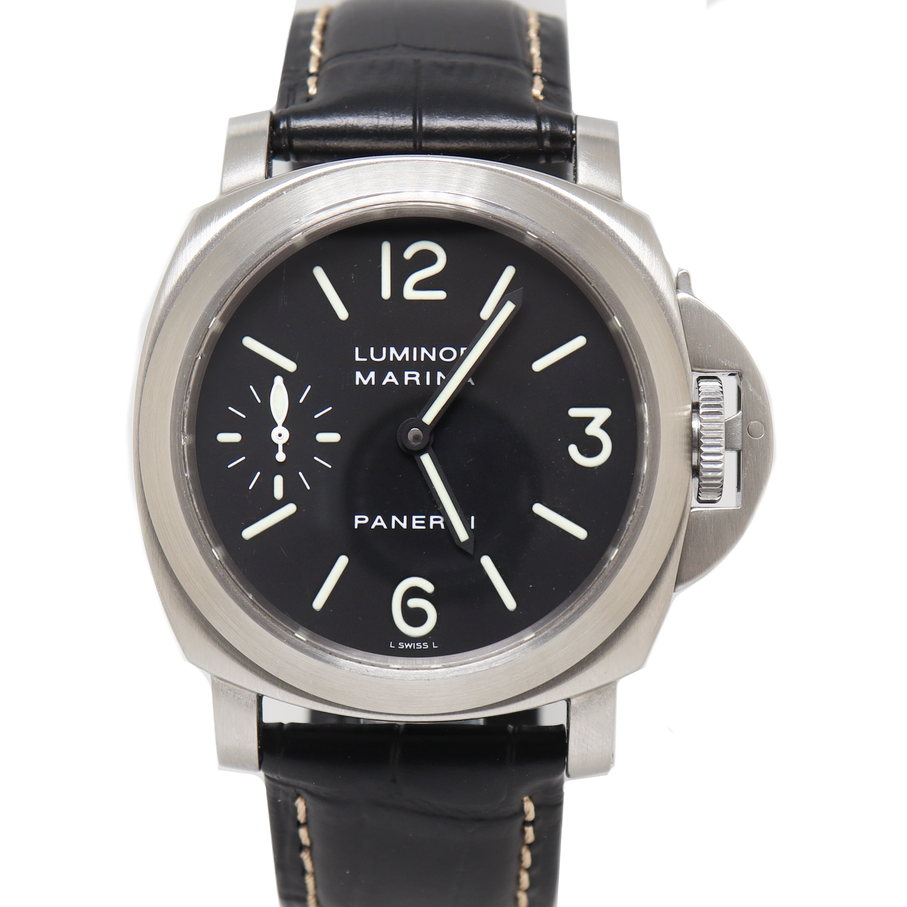 Panerai Mens Luminor Marina Stainless Steel 44mm Black Stick Dial Watch Reference# PAM0001 - Happy Jewelers Fine Jewelry Lifetime Warranty