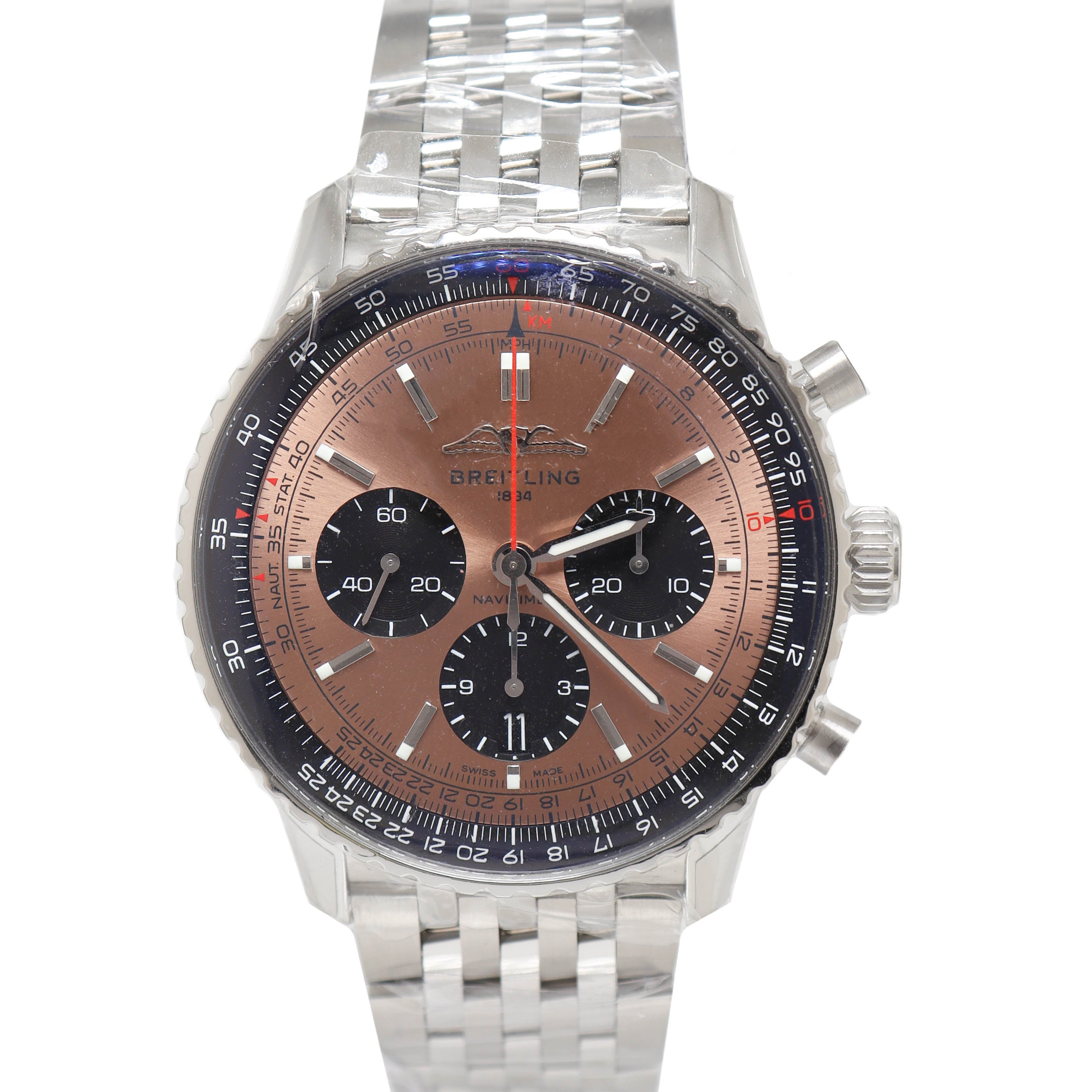 Breitling Mens Navitimer B01 Stainless Steel 43mm Copper Colored Chronograph Dial Watch Reference# AB0138241K1A1 - Happy Jewelers Fine Jewelry Lifetime Warranty