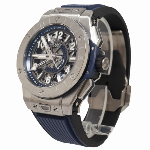 Hublot Men's Big Bang Unico GMT Titanium 45mm Blue and Anthracite Grey Skeleton Dial Watch Reference# 471.NX.7112.RX - Happy Jewelers Fine Jewelry Lifetime Warranty