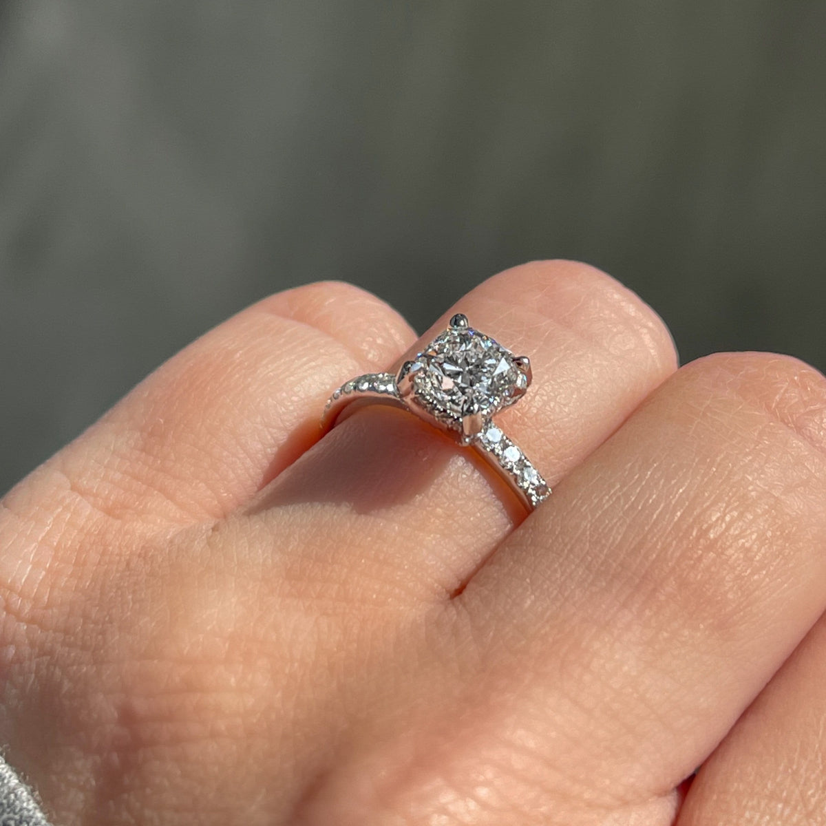 Cushion cut diamond ring with diamond band Clearance