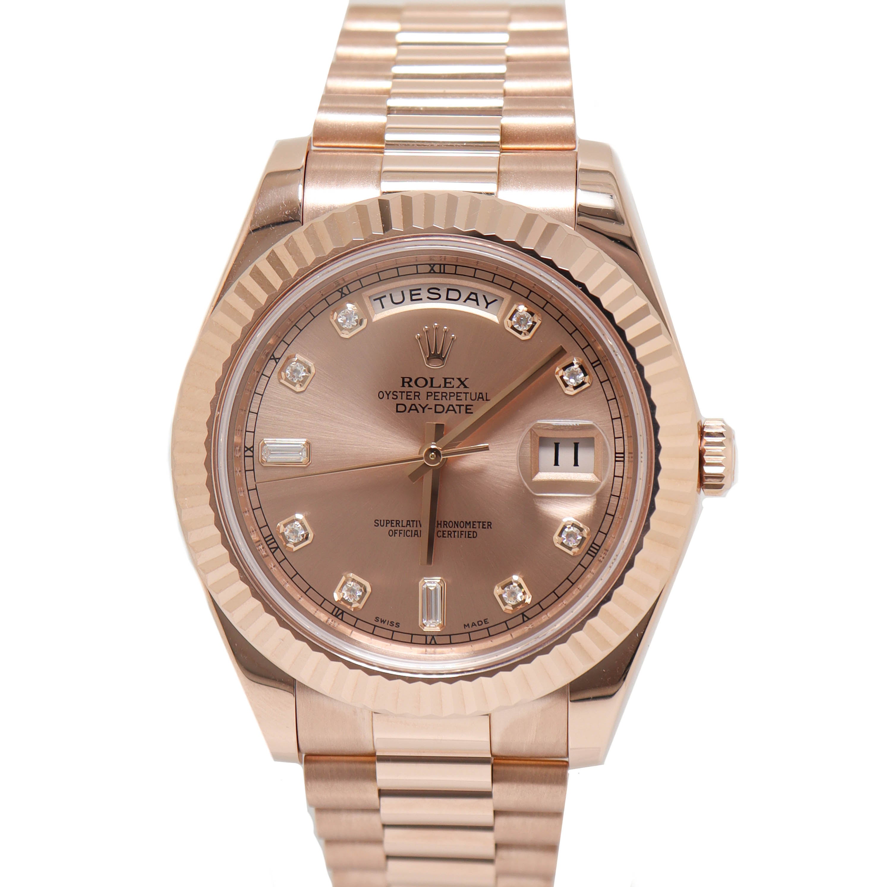 Rolex Men's Day Date Everose Gold 41mm Pink Diamond Dial Watch Reference# 218235 - Happy Jewelers Fine Jewelry Lifetime Warranty