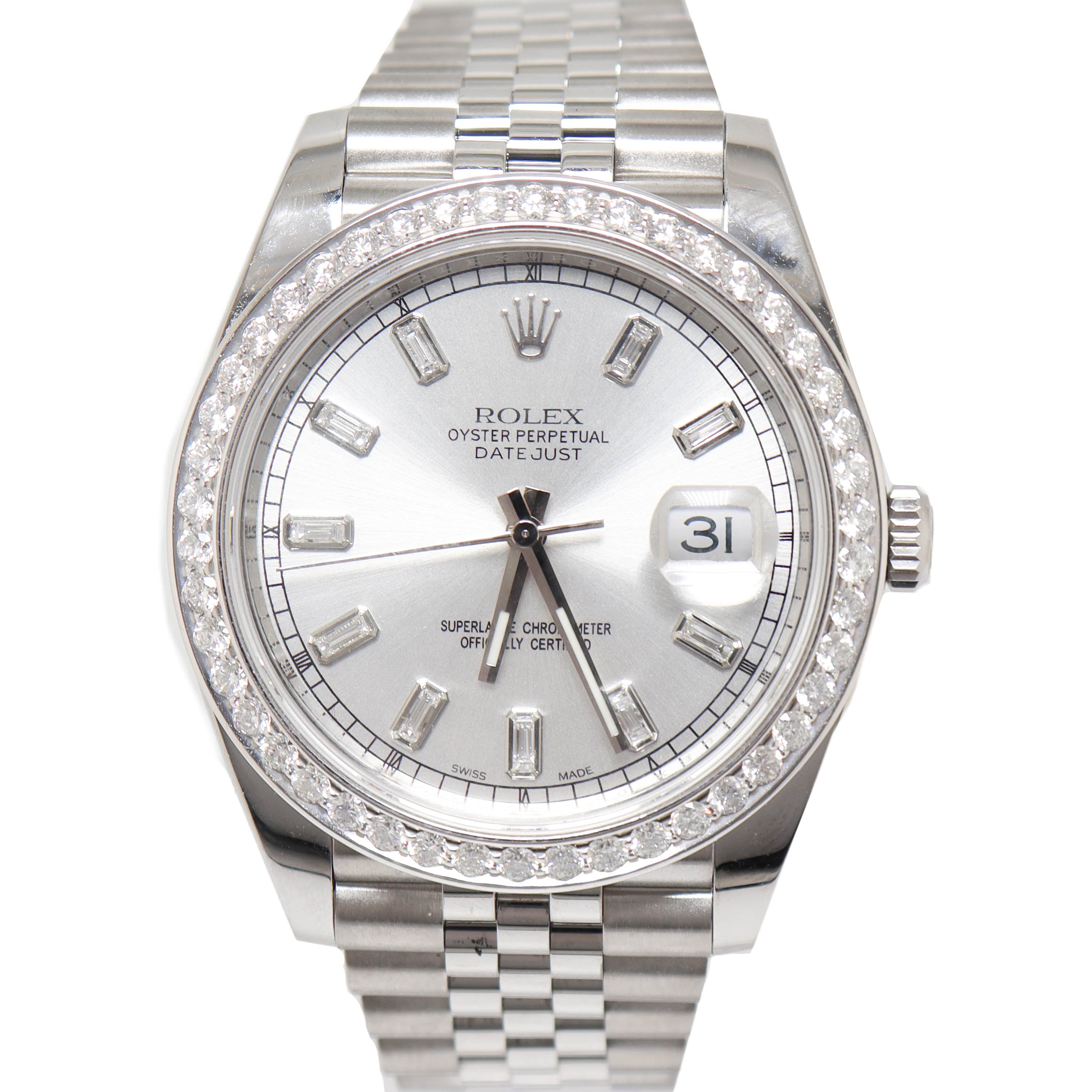Rolex Mens Datejust Stainless Steel 41mm Custom Diamond Baguette Silver Dial Watch Reference# 126300 - Happy Jewelers Fine Jewelry Lifetime Warranty