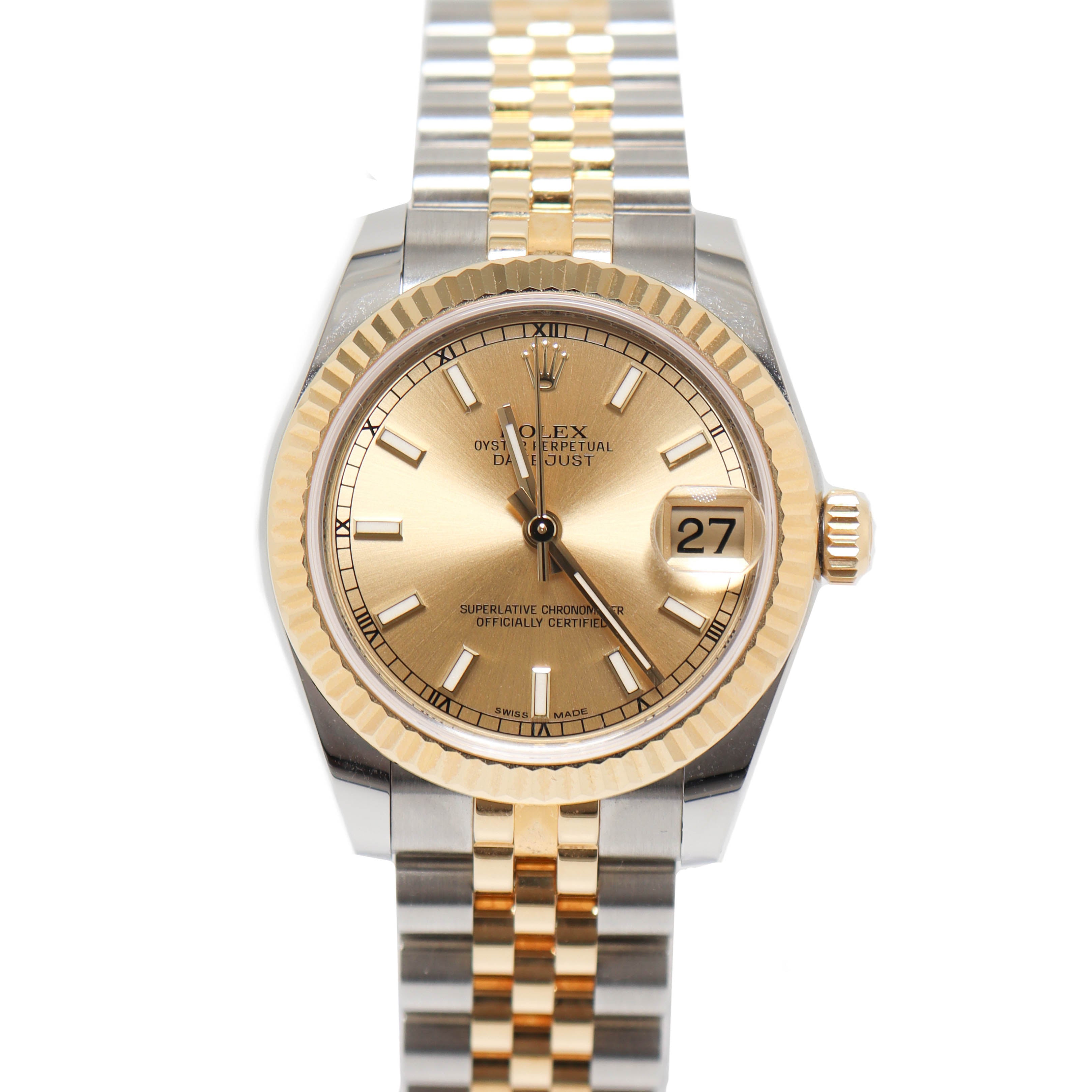 Rolex Ladies Datejust Yellow Gold & Stainless Steel 31mm Champagne Stick Dial Watch Reference# 178273 - Happy Jewelers Fine Jewelry Lifetime Warranty