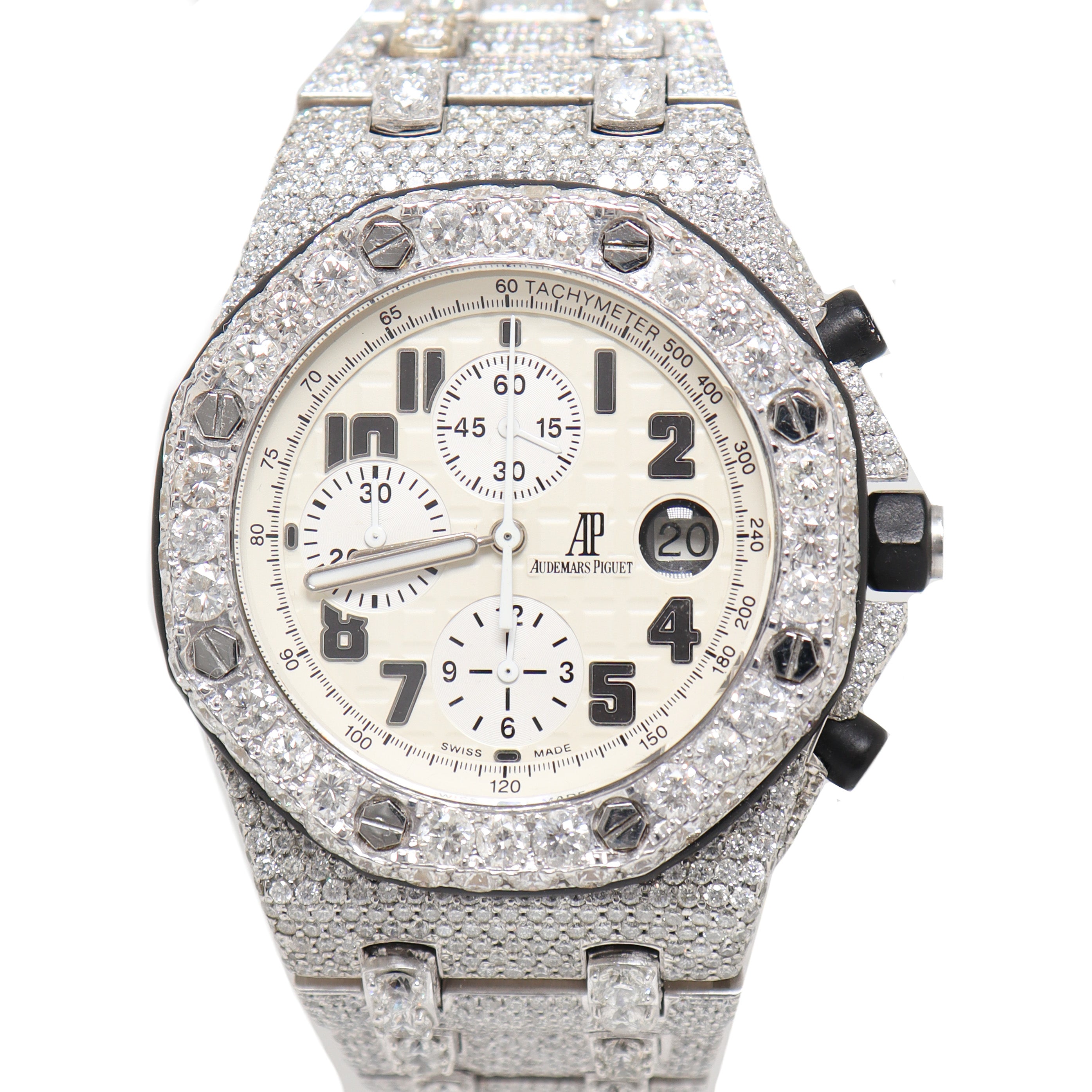 Rolex Men's Royal Oak Offshore Custom Iced Out Stainless Steel White Chronograph Mega Tapisserie Dial Watch - Happy Jewelers Fine Jewelry Lifetime Warranty