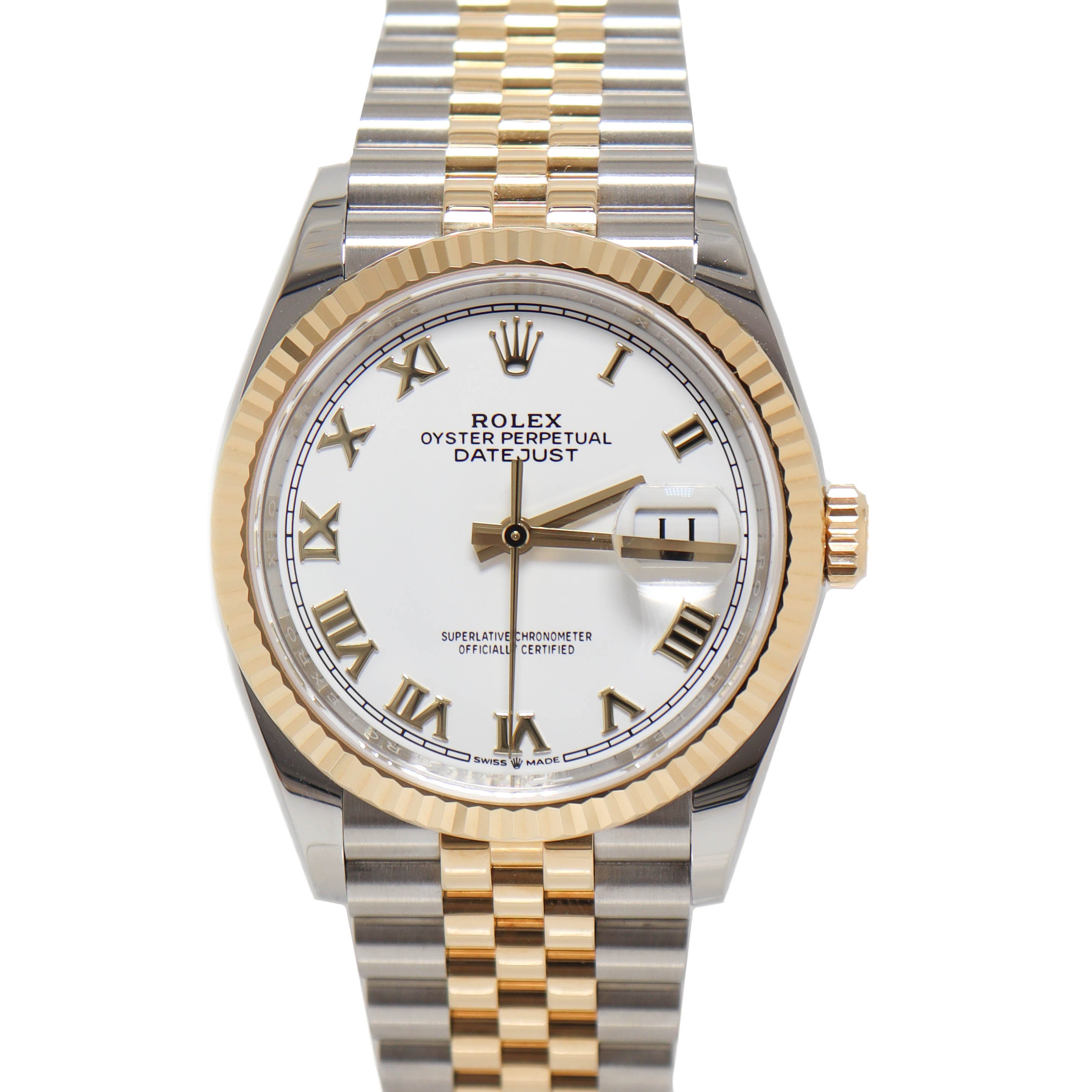 Rolex Datejust Yellow Gold & Stainless Steel 36mm White Roman Dial Watch Reference# 126233 - Happy Jewelers Fine Jewelry Lifetime Warranty
