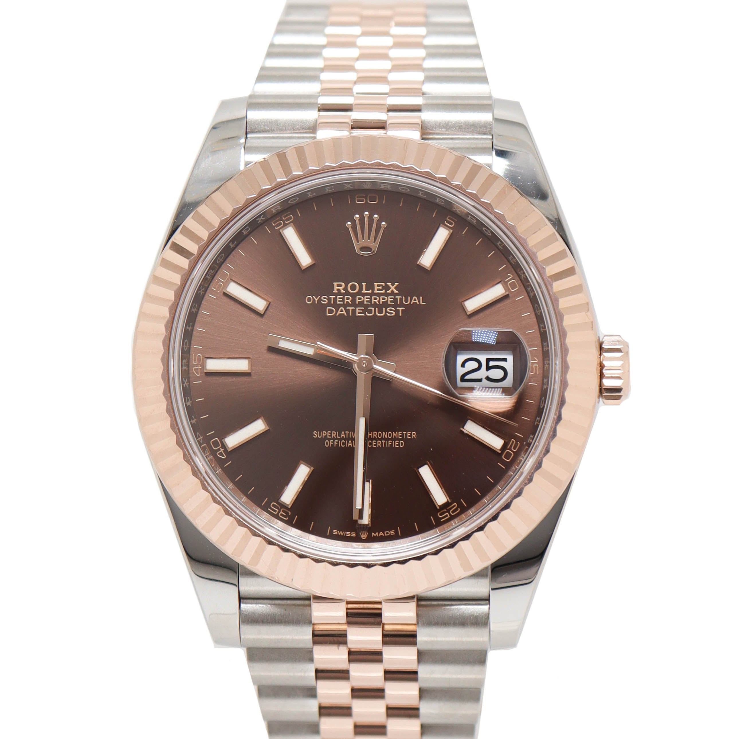 Rolex Mens Datejust Everose & Stainless Steel 41mm Chocolate Stick Dial Watch Reference# 126331 - Happy Jewelers Fine Jewelry Lifetime Warranty