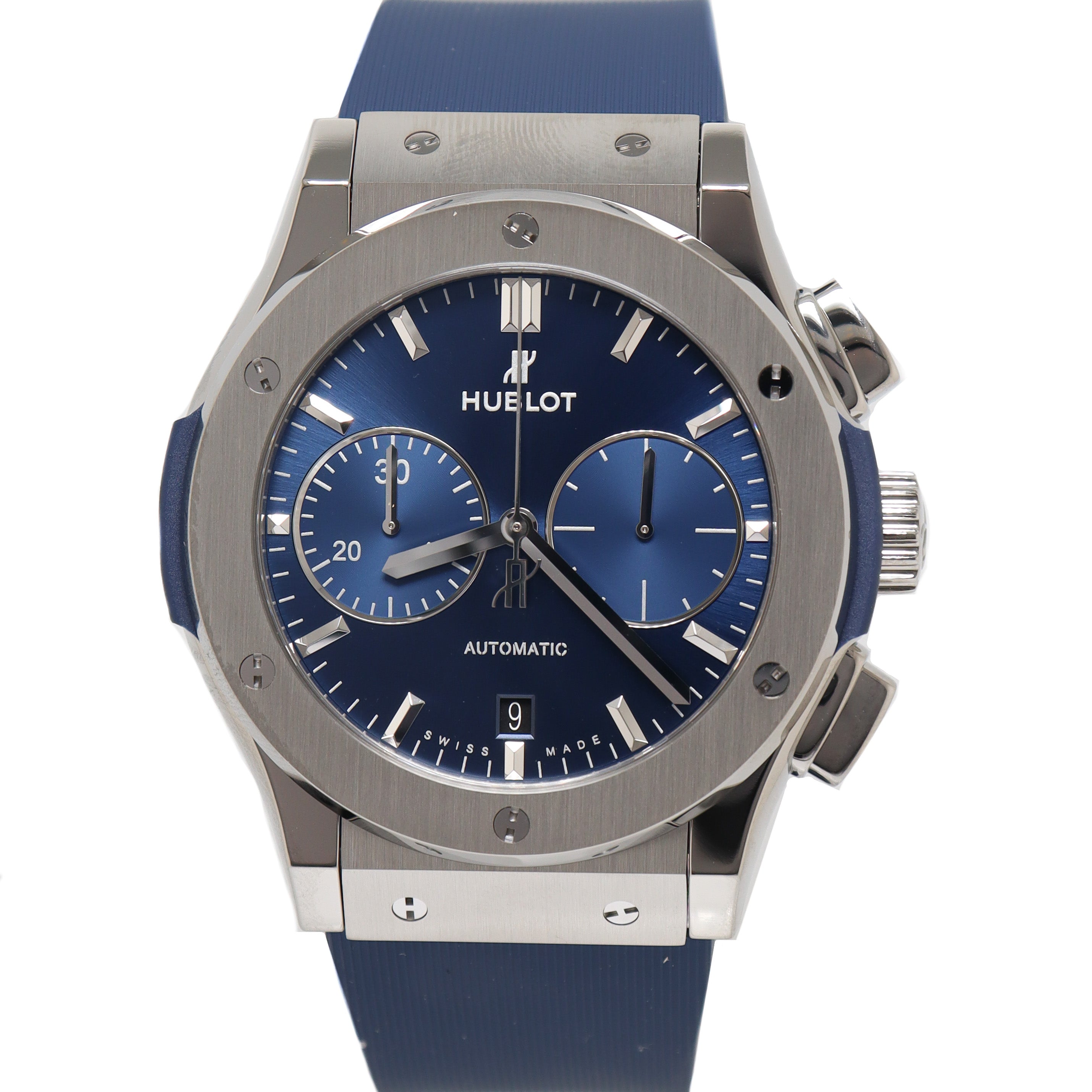 Hublot Men's Classic Fusion Titanium 45mm Blue Chronograph Dial Watch Reference# 521.NX.7170.LR - Happy Jewelers Fine Jewelry Lifetime Warranty