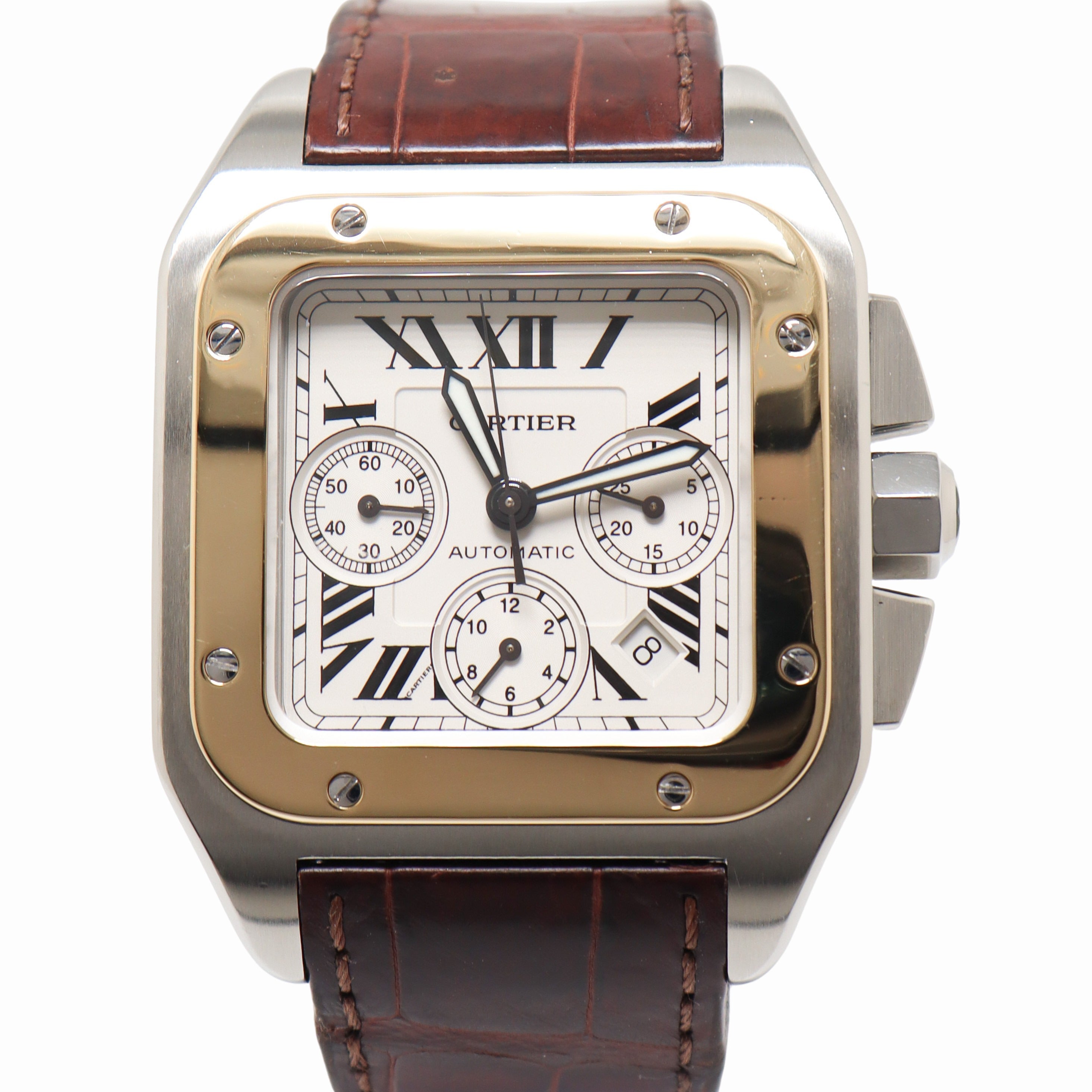 Cartier Santos 100XL Stainless Steel & Yellow Gold 42mm White Chronograph Roman Dial Watch Reference# W20091X7 - Happy Jewelers Fine Jewelry Lifetime Warranty