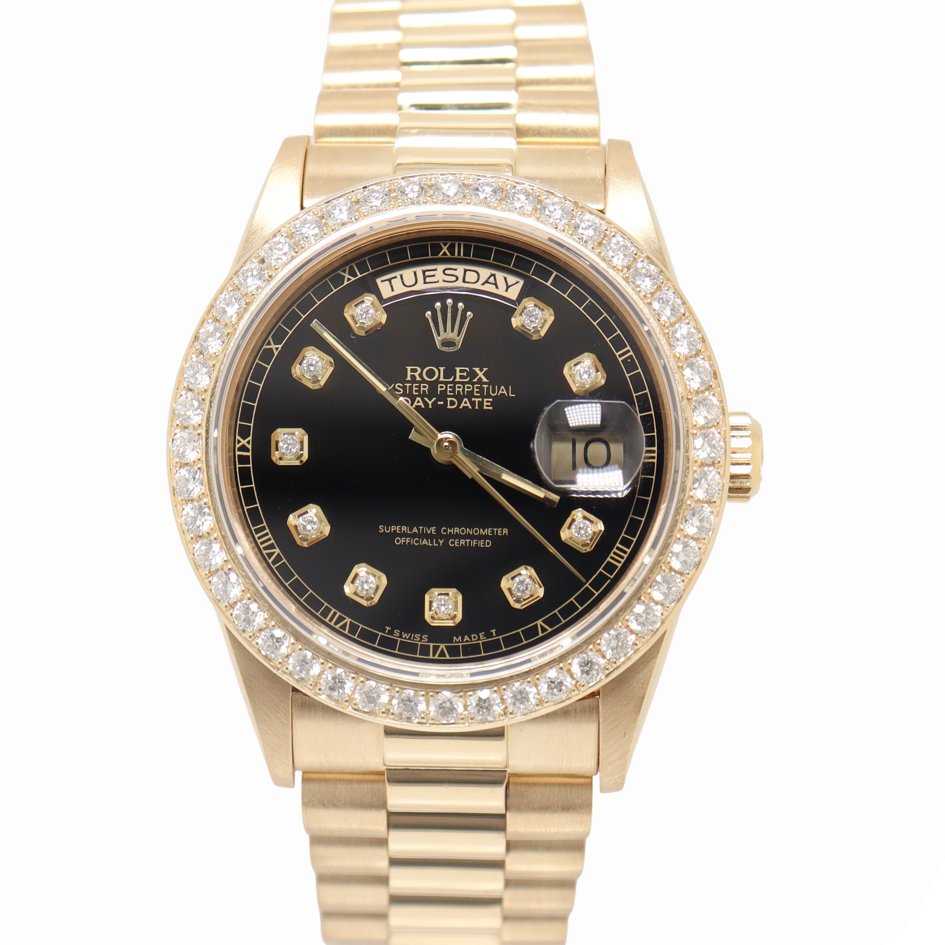 Rolex Day Date 36mm Yellow Gold Black Diamond Dial Watch 