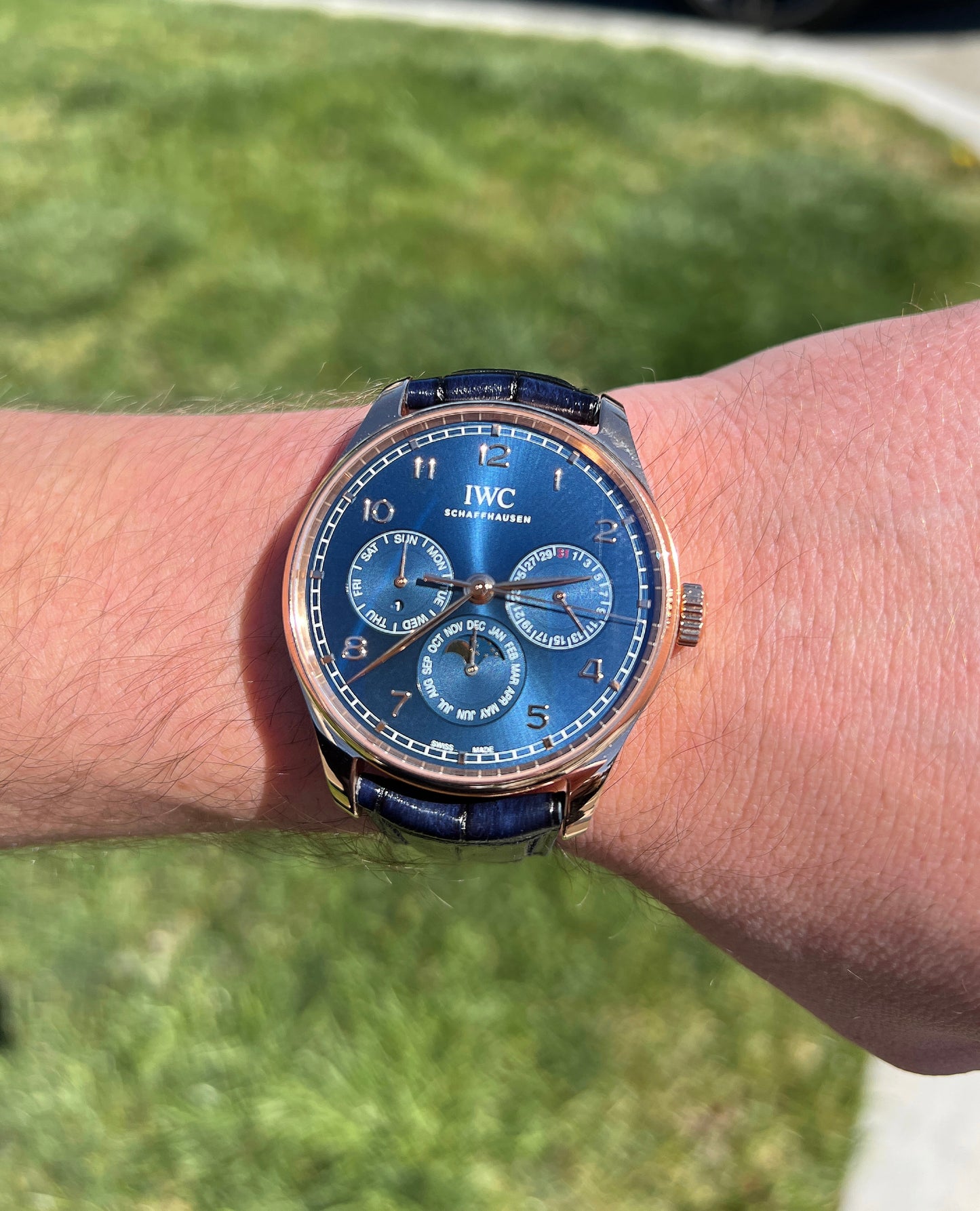 IWC Men's Portugieser Perpetual Calendar Rose Gold 42mm Blue Chronograph Dial Watch Reference #: IW344205 - Happy Jewelers Fine Jewelry Lifetime Warranty