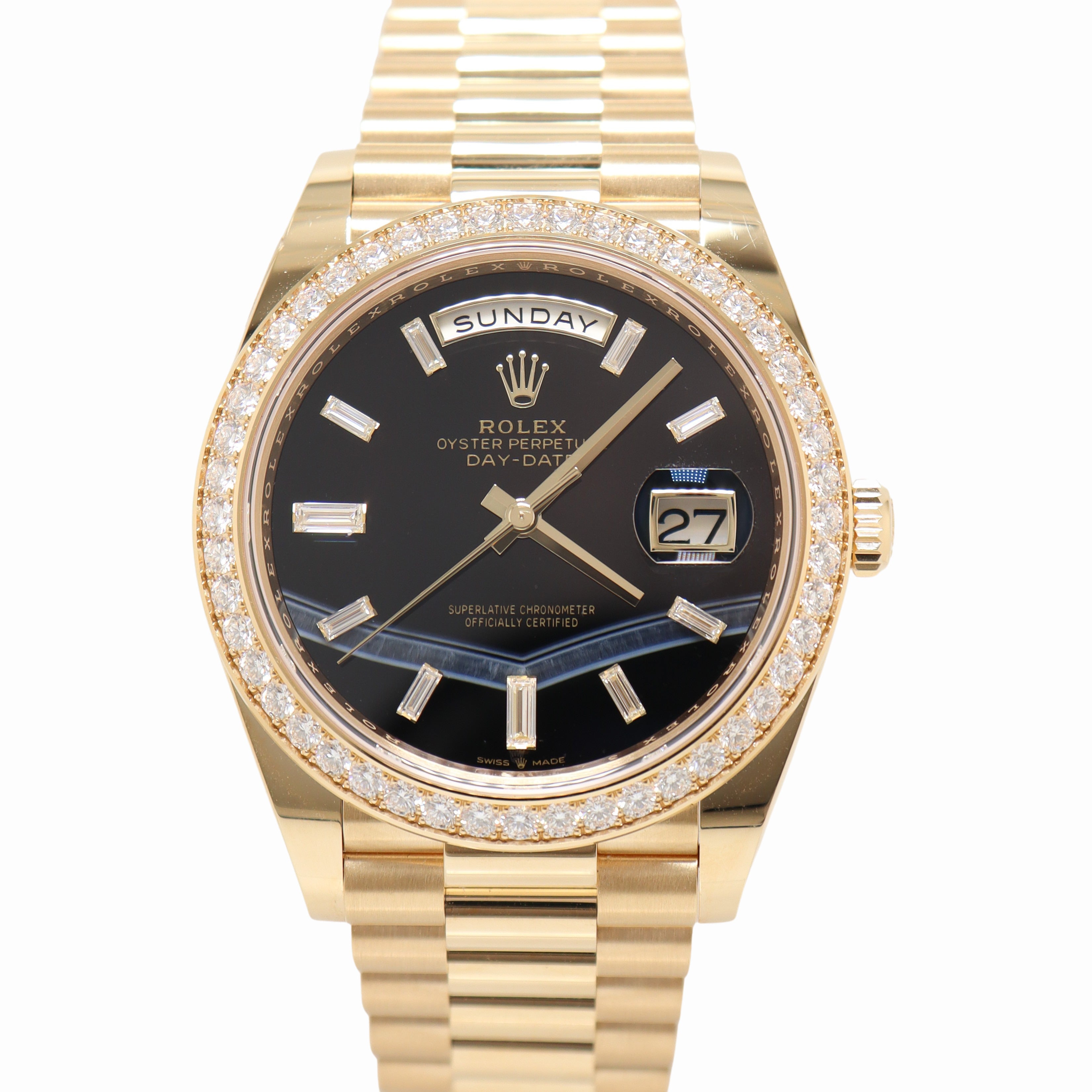 Rolex Day-Date Yellow Gold 40mm Onyx Baguette Diamond Dial Watch Reference# 228348RBR - Happy Jewelers Fine Jewelry Lifetime Warranty