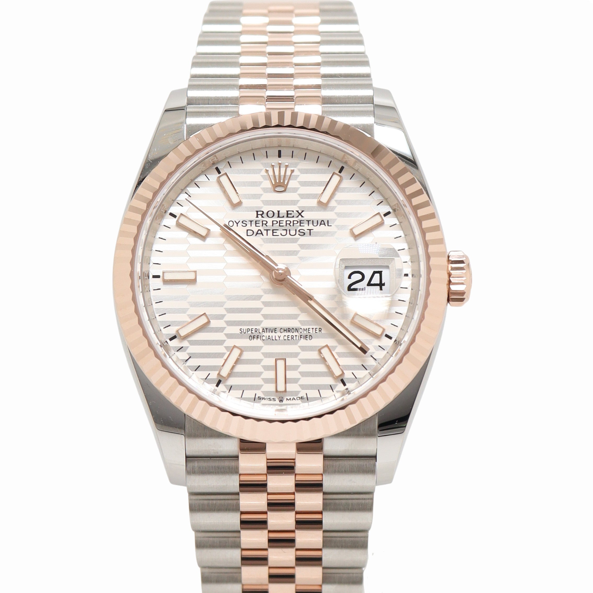 Rolex Datejust Two Tone Everose Gold and Stainless Steel 36mm Silver Fluted Motif Stick Dial Watch Reference# 126231 - Happy Jewelers Fine Jewelry Lifetime Warranty