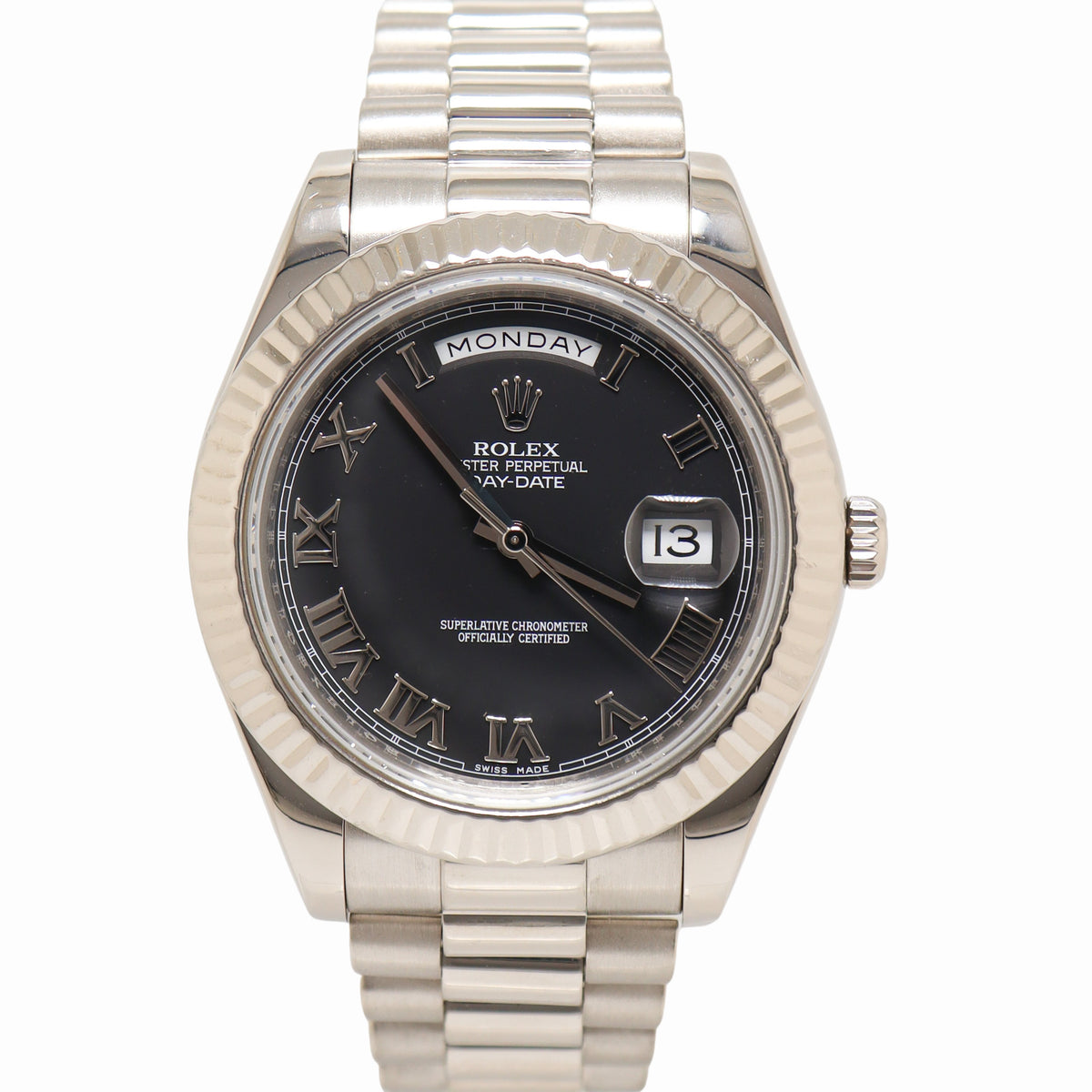 Rolex Men s Day Date White Gold 41mm Black Roman Dial Watch