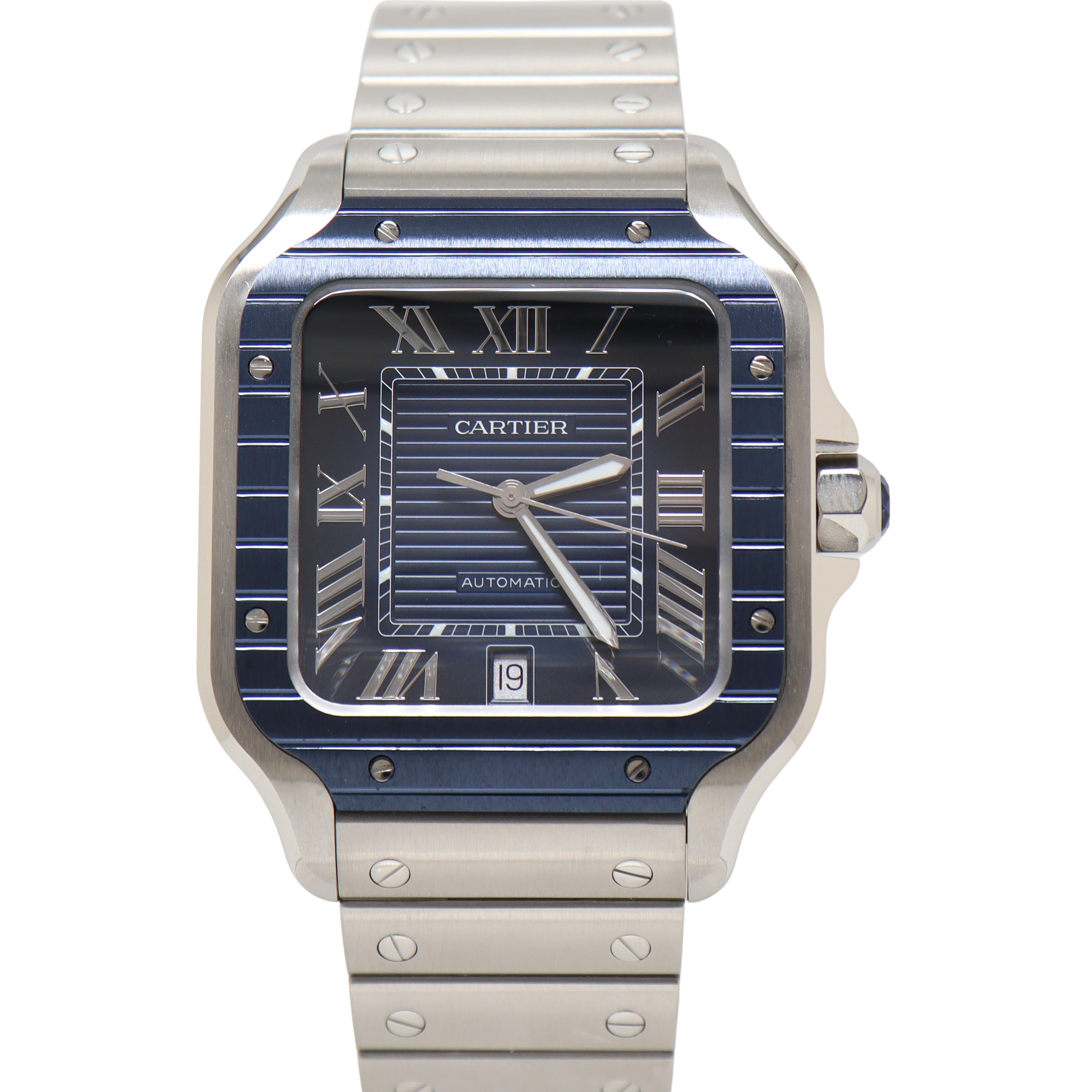 Cartier Santos 40mm Stainless Steel Blue Roman Dial Watch Reference# WSSA0048 - Happy Jewelers Fine Jewelry Lifetime Warranty